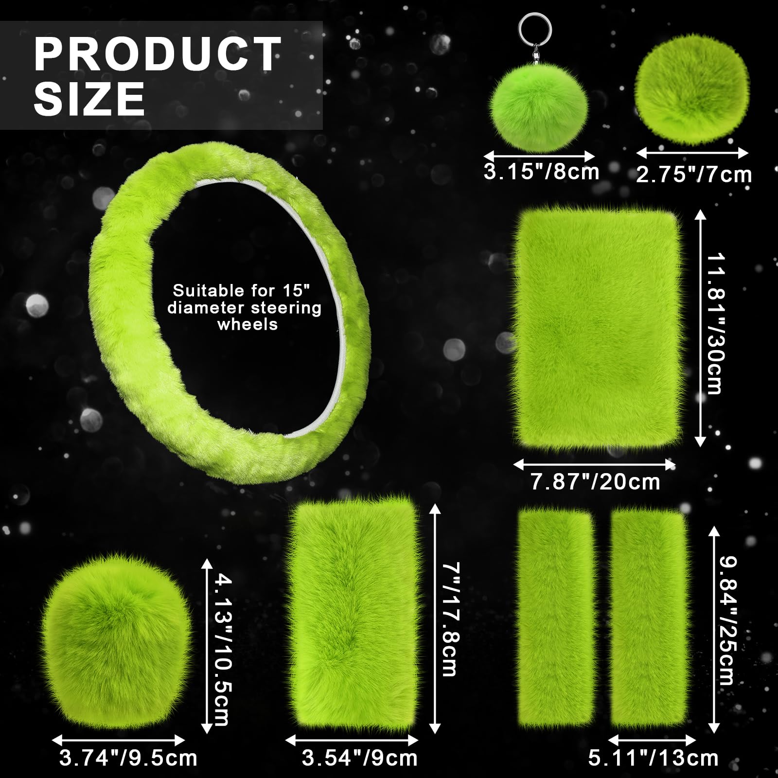 Coume 9 Pcs Lime Green Fluffy Car Accessories Set Soft Fur Fuzzy Car Steering Wheel Cover Short Hair Fuzz Handbrake Gear Shift Seat Belt Set for Xmas Holiday Christmas Decoration