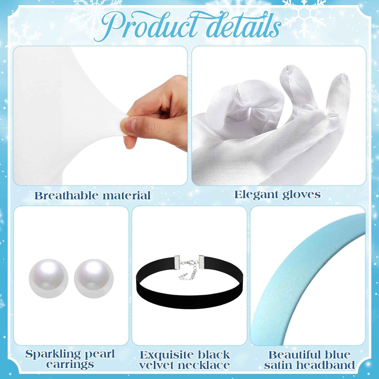 Preboun Princess Costume Accessories for Women, Includes Blue Headband Black Velvet Choker Pearl Earrings White Gloves Satin Blue Bow Thigh High Socks Set for Halloween Cosplay Birthday Princess - Image 4