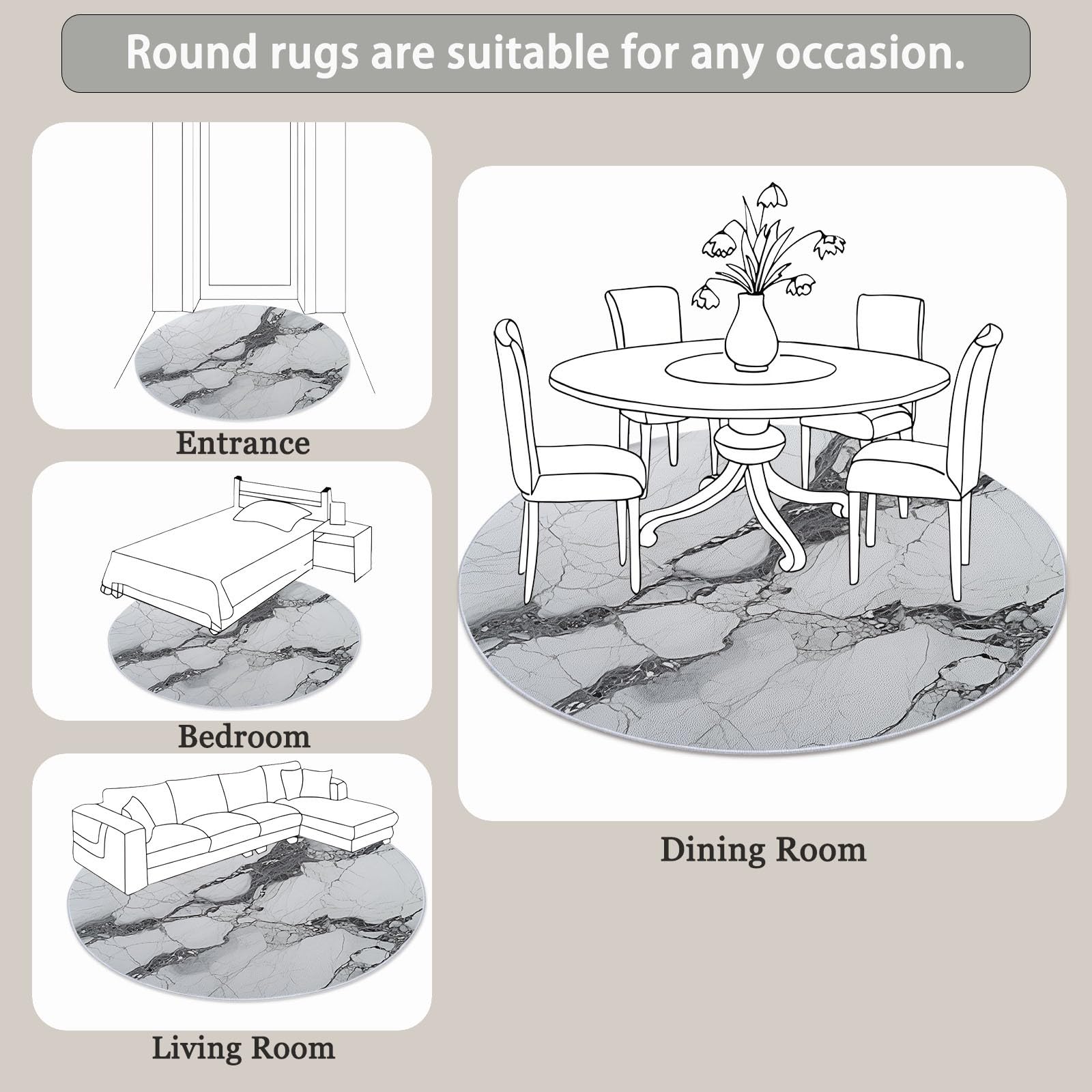 Grau Runder Teppiche Wohnzimmer 150 cm, Waschbar & Rutschfester Weicher Kurzflor Teppich Schlafzimme, Stilvoll Wasserwellenmuster Elegant Marmormuster Teppich Rund für Kinderzimmer, Esszimmer, Büro