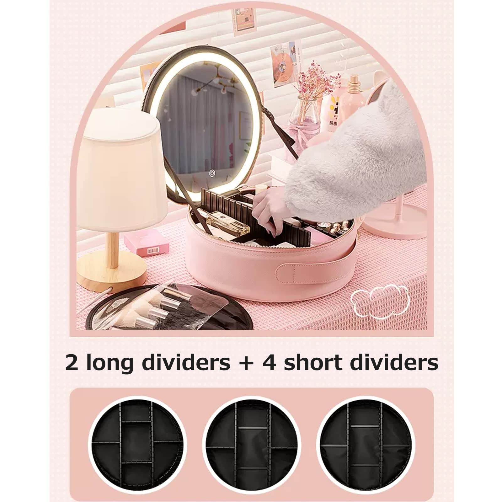 HJXGQJM Valigia Trucchi Cofanetto Makeup Beauty Case da Viaggio Organizzatore per Cosmetici con Specchio, con Luce LED Rotondo Nero Valigia da Trucco Professionale(Pink)