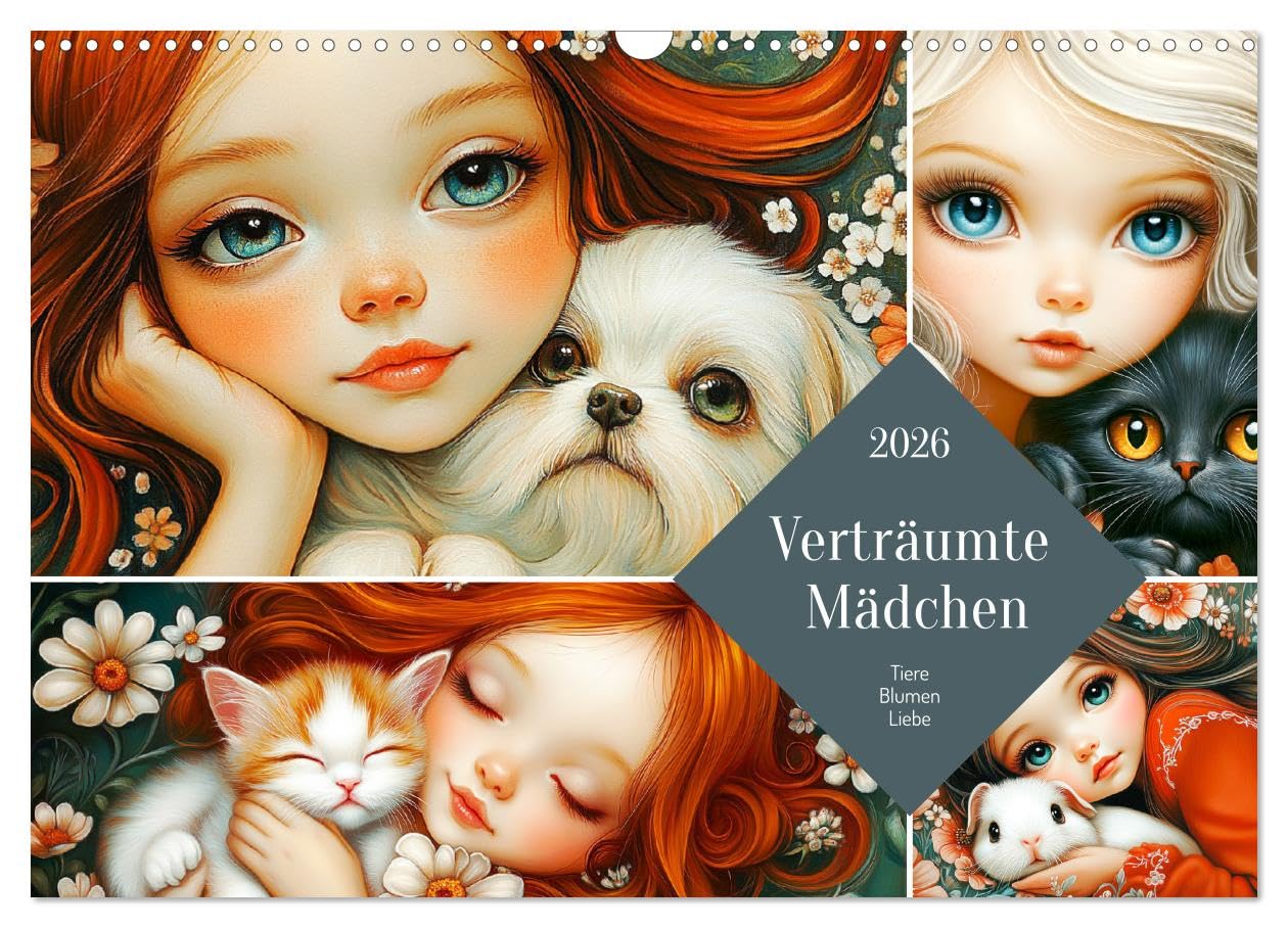 Dreamy girls. Animals, flowers, love. UK-Version (Wall Calendar 2026 DIN A3 Landscape), CALVENDO 12 Month Wall Calendar โ image 1