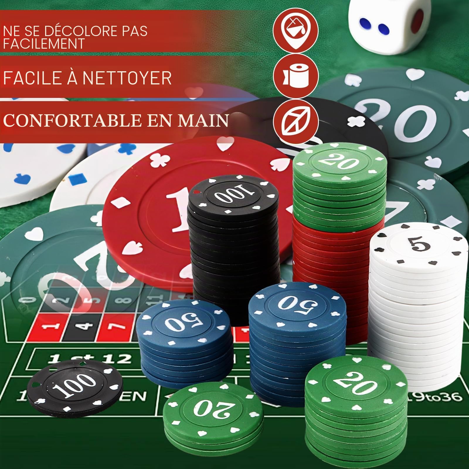 STARVAST Lot de 300 jetons de poker en plastique numérotés 5/10/20/50/100 pour les voyages et les fêtes de famille