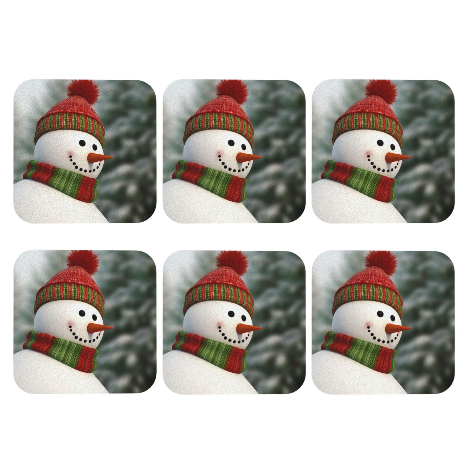 6pcs Leather Coasters for Drinks, Smile Gaze Snowman Drink Coasters for Tabletop Protection, 4" Cup Coasters for Coffee Table Decor, Non-Slip Drinking Cup Mat for Hot Or Cold Drink