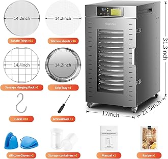 Septree Rotary Food Dehydrator 16 Trays, Commercial Large Rotating Food Dryer Machine for Jerky, Herbs, Mushrooms, Fruit, Dog Treats, 1500W Full Stainless Steel Industrial Dehydrater (Gunmetal Gray)