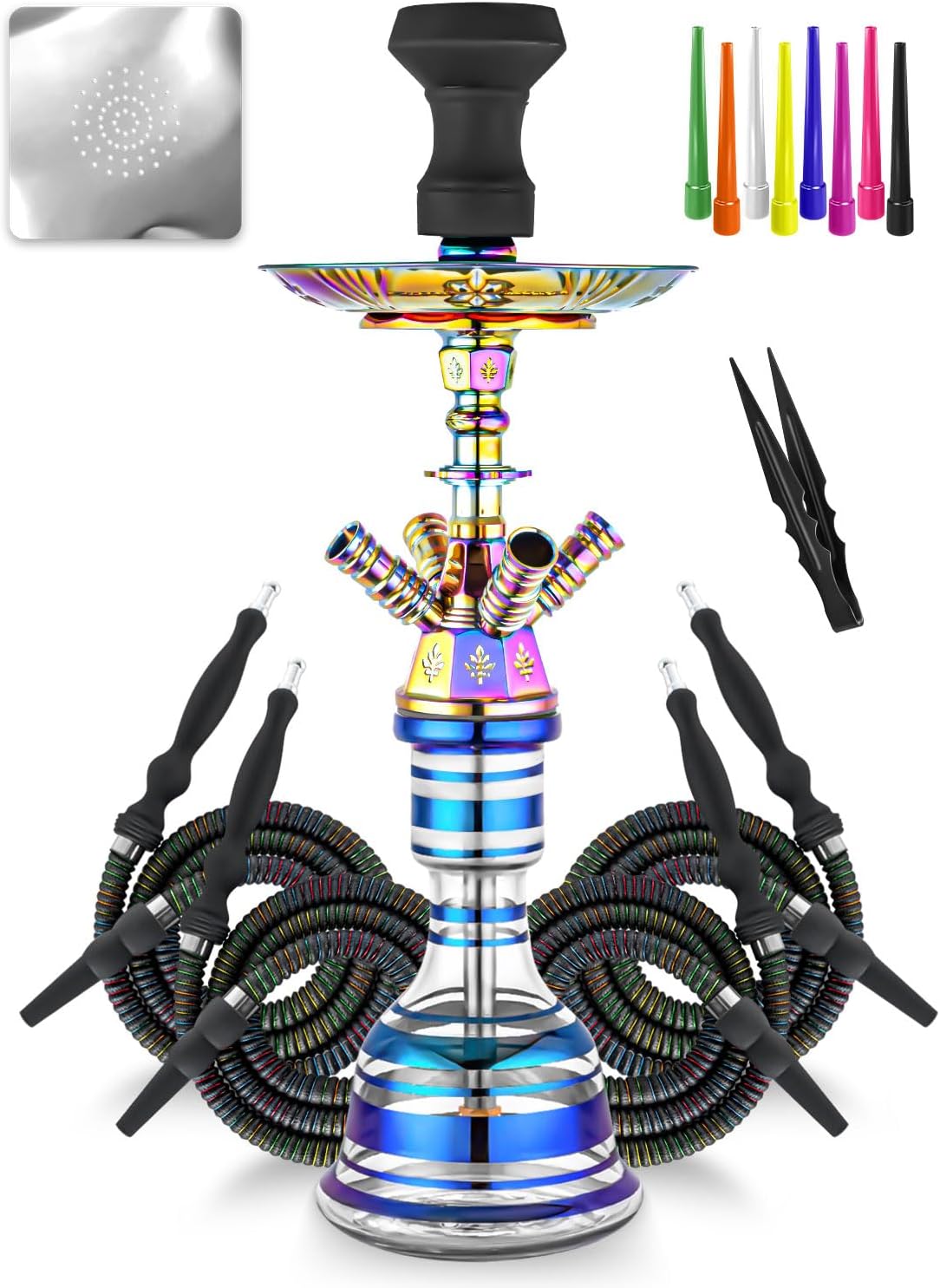 Hookah Set 23'' Shisha Complete Set Egyptian With Glass Vase, Silk Hose, Black Clay Bowl, Coal Tong, 50 Foil, 50 Hookah Disposable Tips (Matte black 4 HOSE)