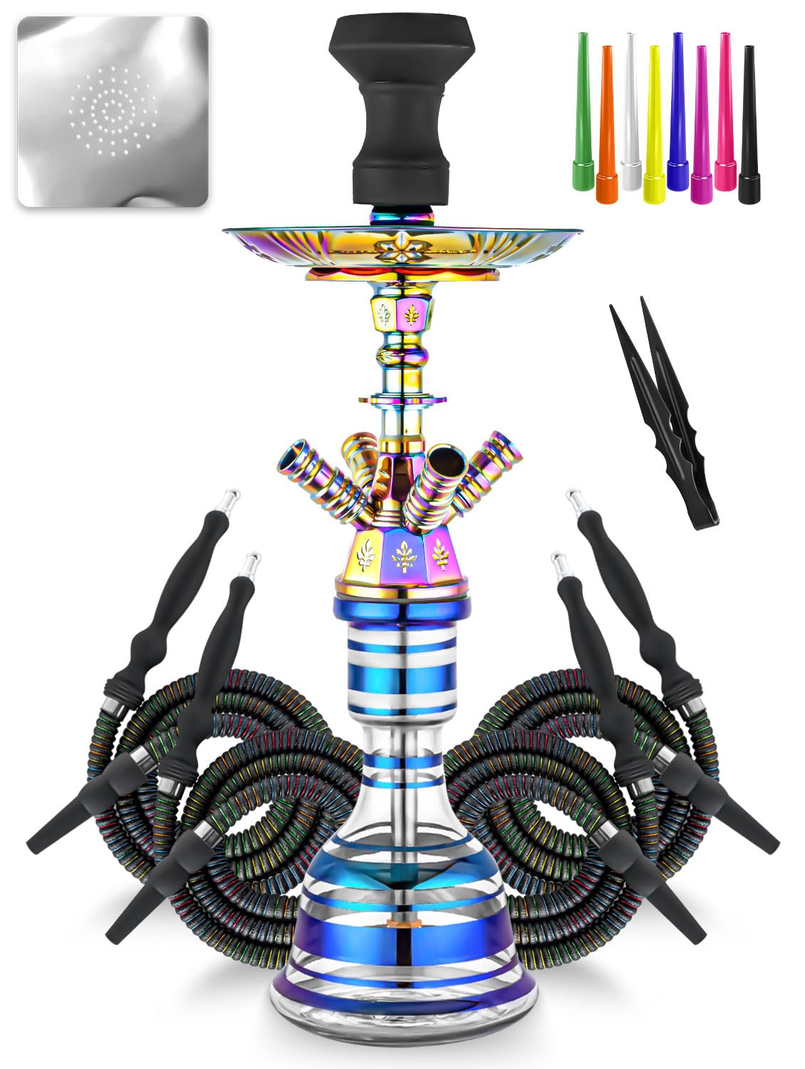 Hookah Set 23'' Shisha Complete Set Egyptian With Glass Vase, Silk Hose, Black Clay Bowl, Coal Tong, 50 Foil, 50 Hookah Disposable Tips (Matte black 4 HOSE)