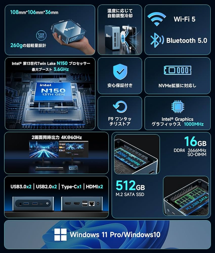 Amazon.co.jp: Bmax ミニpc 最新第13世代 Intel N150搭載 4コア