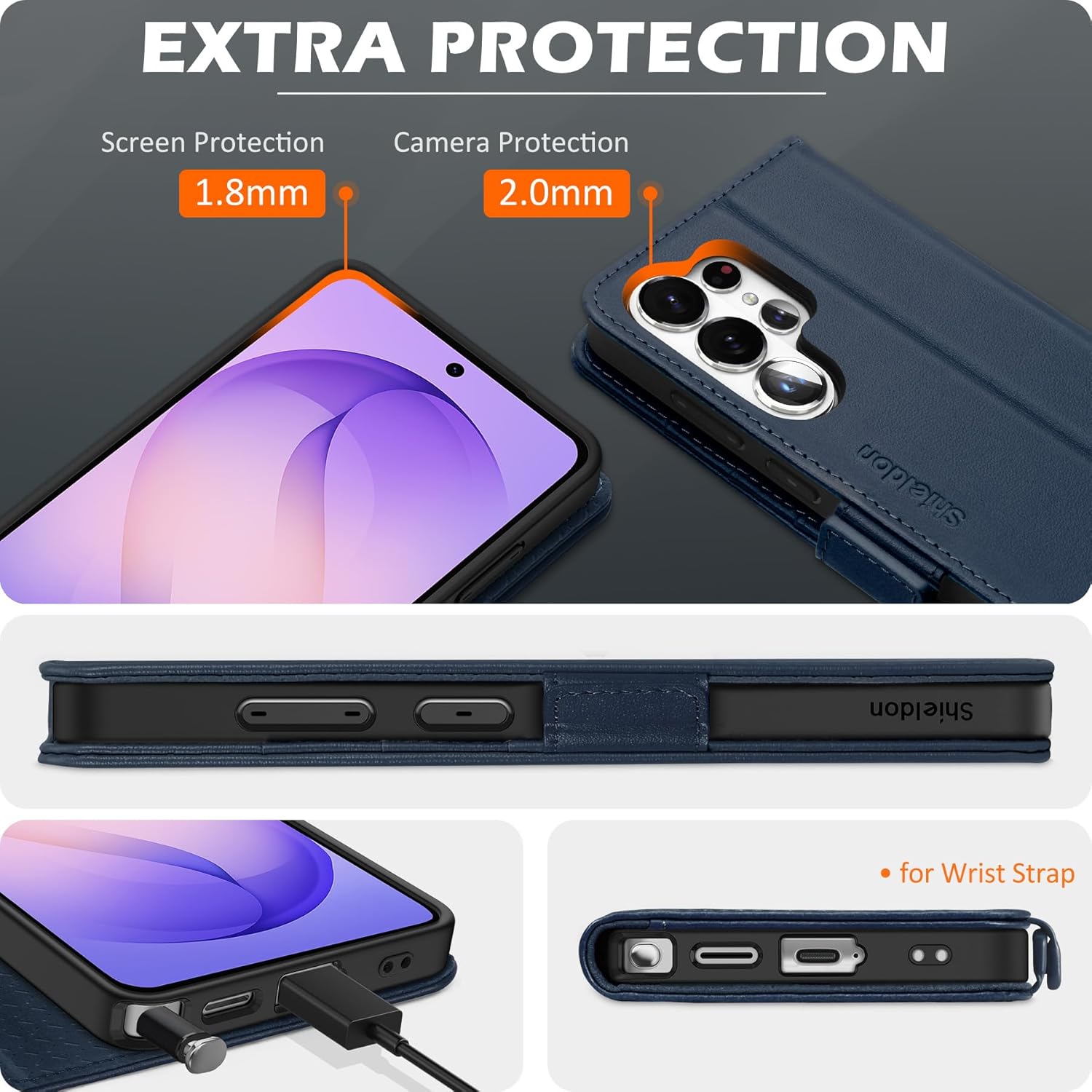 SHIELDON Case Wallet for Galaxy S26 Ultra 6.9", Genuine Leather, RFID Blocking Credit Card Holder, Kickstand, Shock Absorbing Protective Cover Compatible with Galaxy S26 Ultra 2026 - Navy Blue