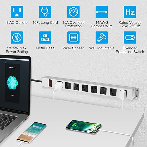 Miniatura 2 de JUNNUJ Regleta de Alimentación de Metal de 8 Tomas, Regleta de Alimentación Resistente Montable, Protector de Sobretensiones de 1200J con Tornillos