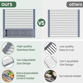 BBXTYLY Expandable Roll Up Dish Drying Rack,Over The Sink Drying Rack Sink Kitchen Accessories Rolling up Stainless Steel Drainer, Foldable with Removable Utensil Holder(Gray)
