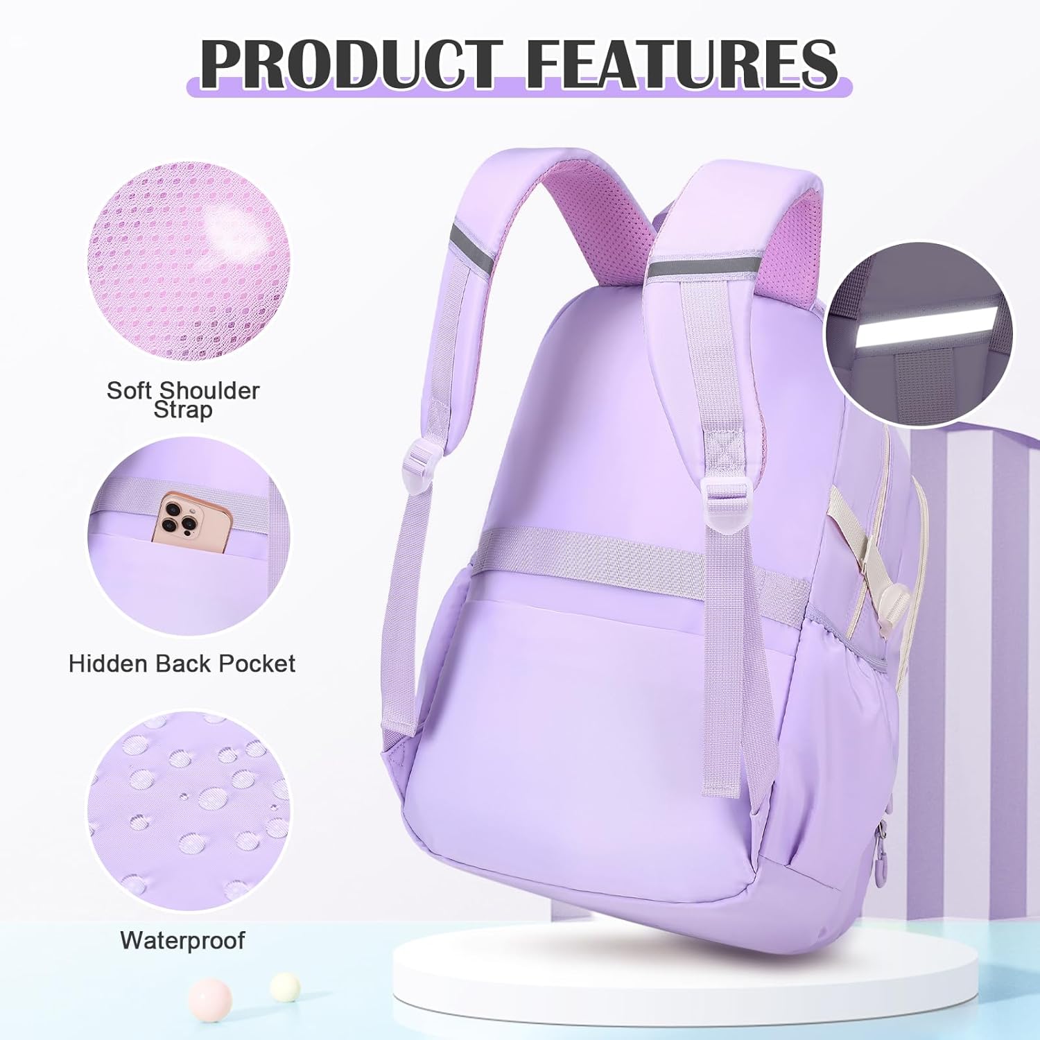 Backpack for Girls, 3 PCS Girls Backpack with Lunch Box, Pencil Cace Set for Teen Girl Kids, Bookbag School Backpacks for Elementary Middle High School College Students Age 3+ Purple - Image 4