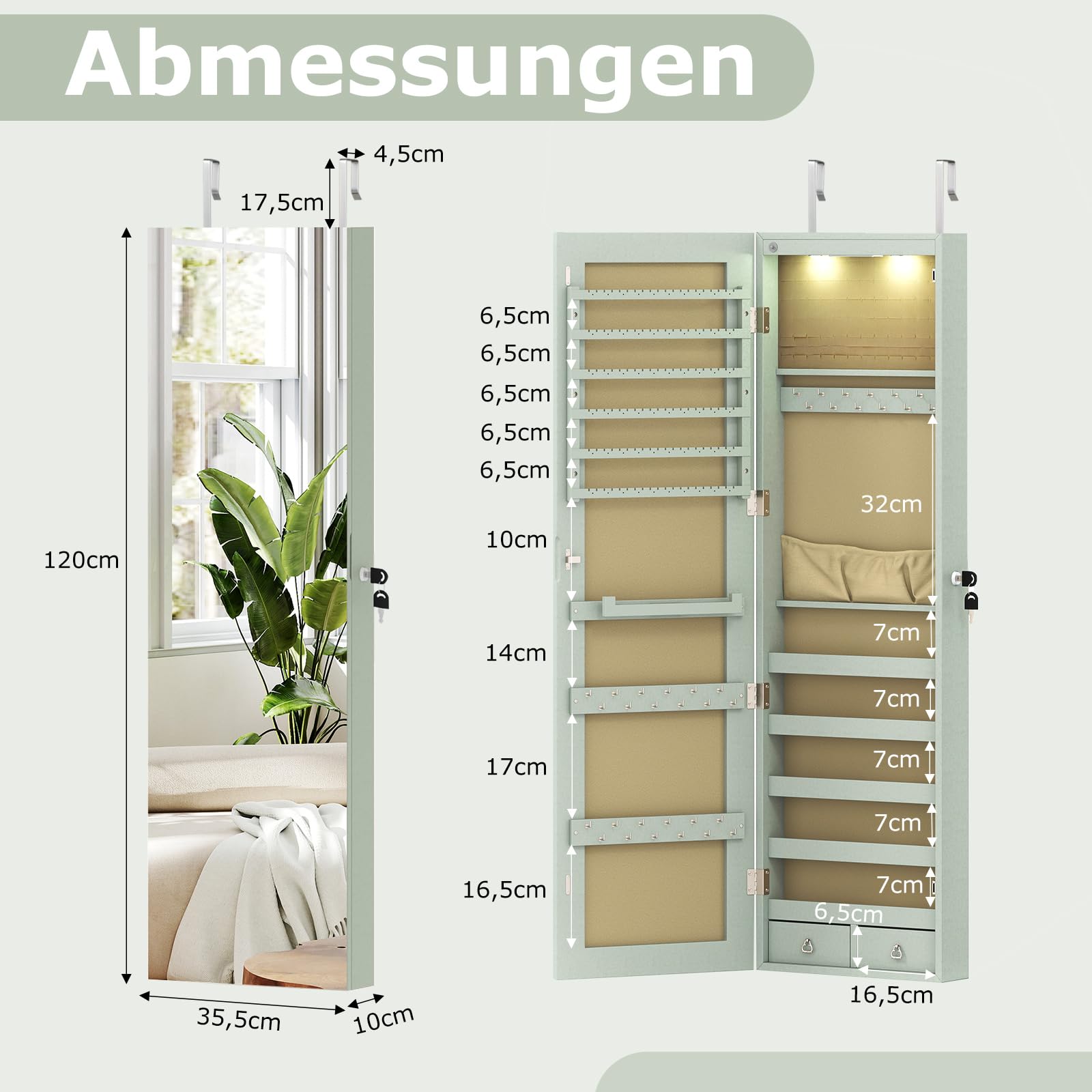 COSTWAY Schmuckschrank mit LED Spiegel, Schmuckregal abschließbar mit Schlüsseln, Wandspiegel Spiegelschrank hängend, Schmuckaufbewahrung 120 x 35,5 x 10 cm (Grün)