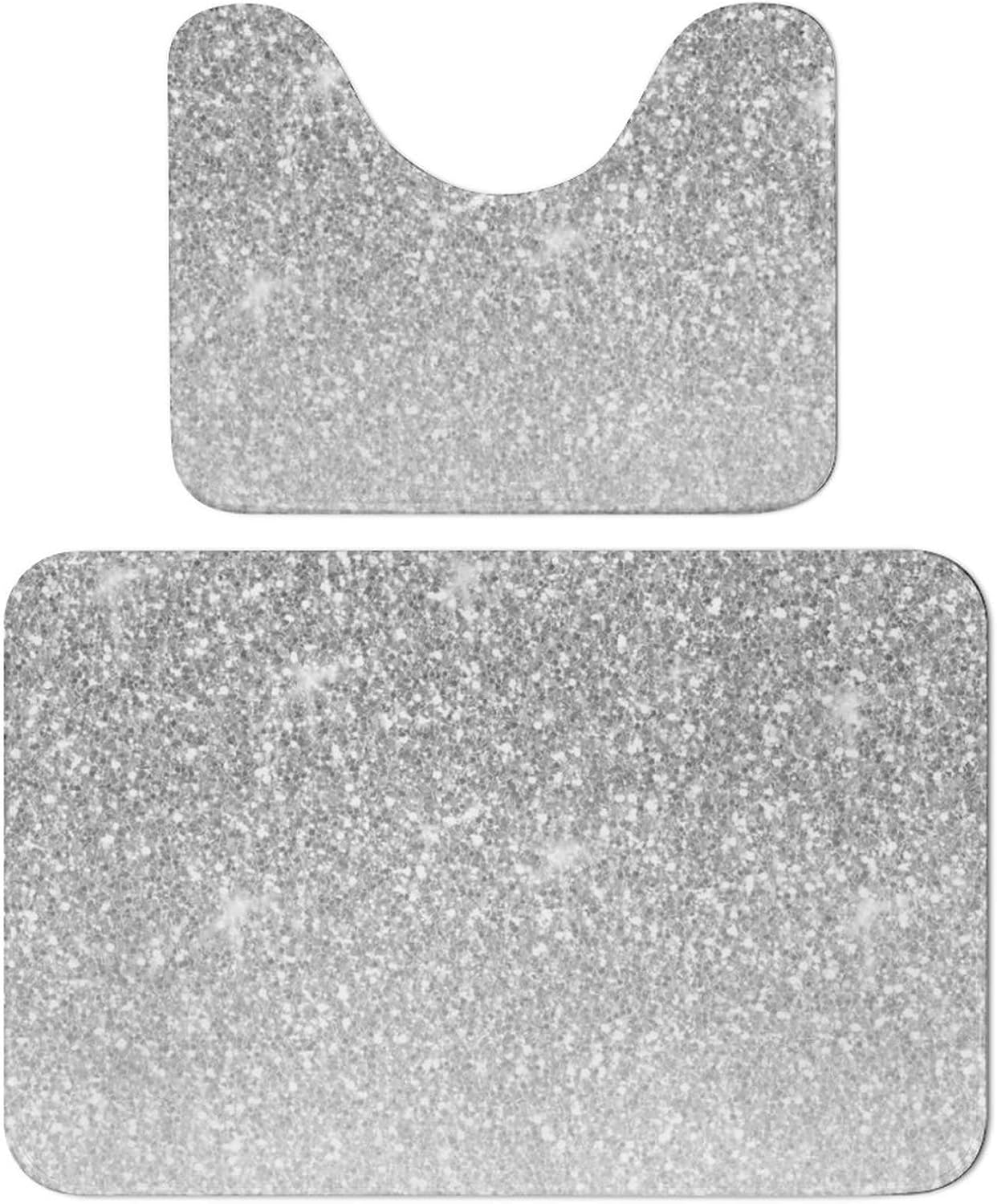 Curdesi Bathroom Rugs Set 2 Piece, Girly Silver Glitter