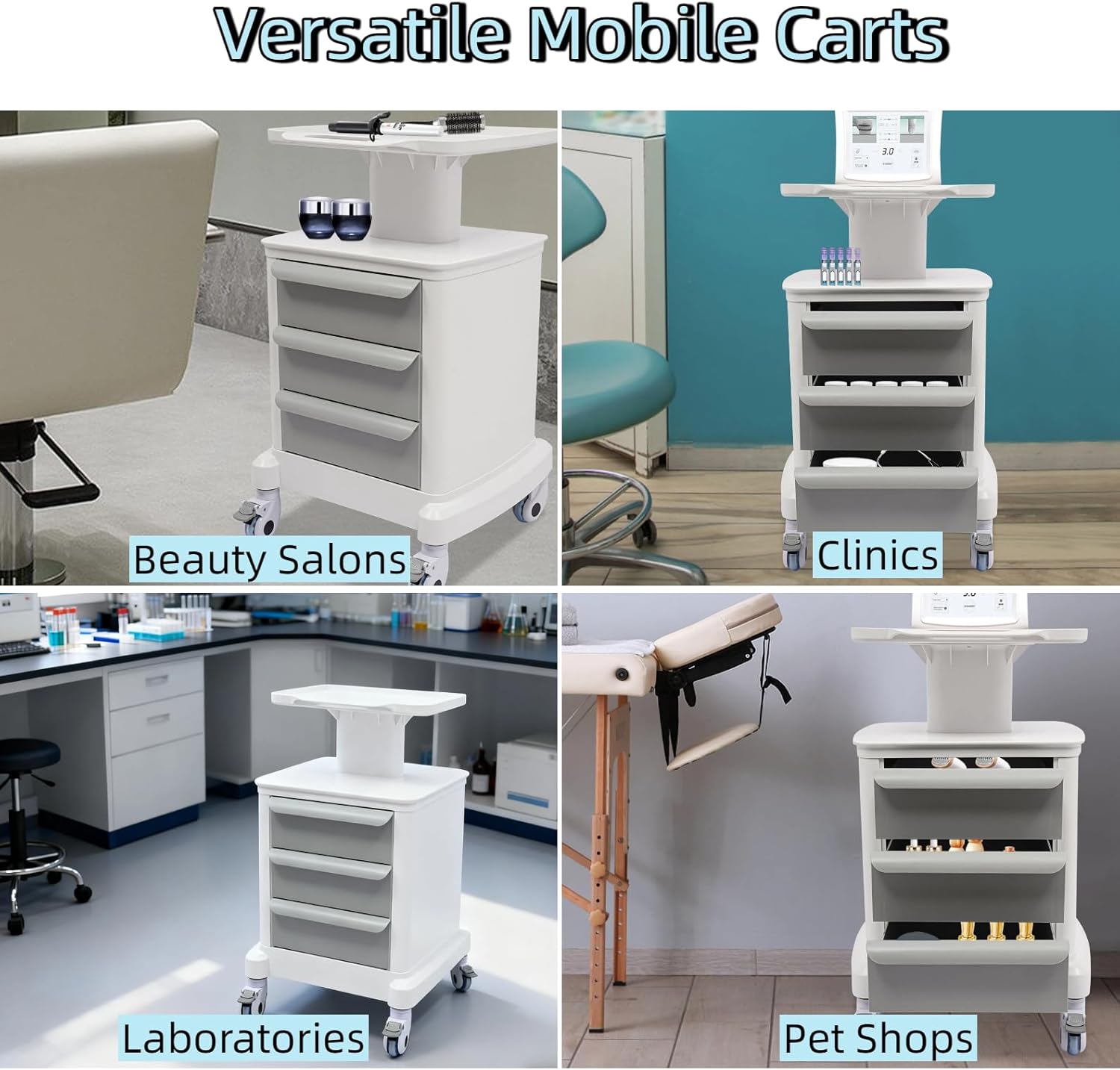 Mobile Medical Cart with 3 Drawers, Utility Cart with Wheels Commercial Hospital Office Lab Cart Beauty Salon Storage Trolley, for Hospital Lab Clinic Pet Shop