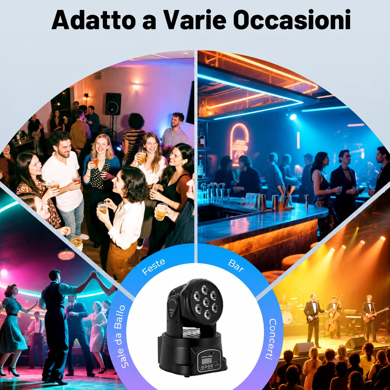 105 W Moving Head LED con telecomando, 7 x 10 W, 4 in 1, luce da discoteca a LED, DMX512, luce da palcoscenico per DJ bar, compleanno, discoteca, matrimonio, cantina da palcoscenico