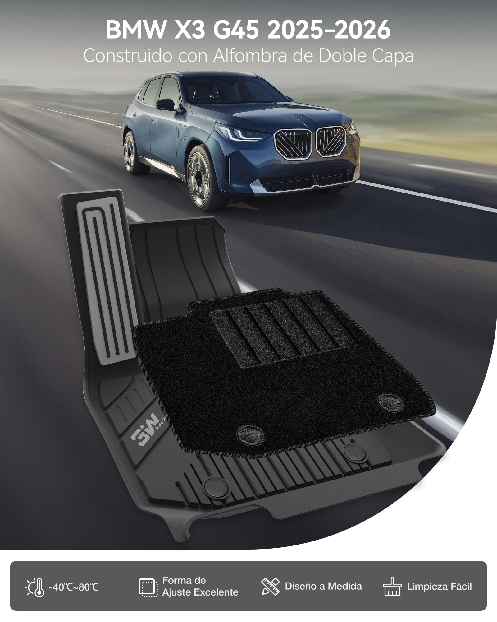 3W para BMW X3 G45 2025-2026 Alfombras de suelo con pedales de metal y alfombras y alfombrilla del maletero y protección lumbar para el segundo asiento, para todo el año y resistentes al clima Juego