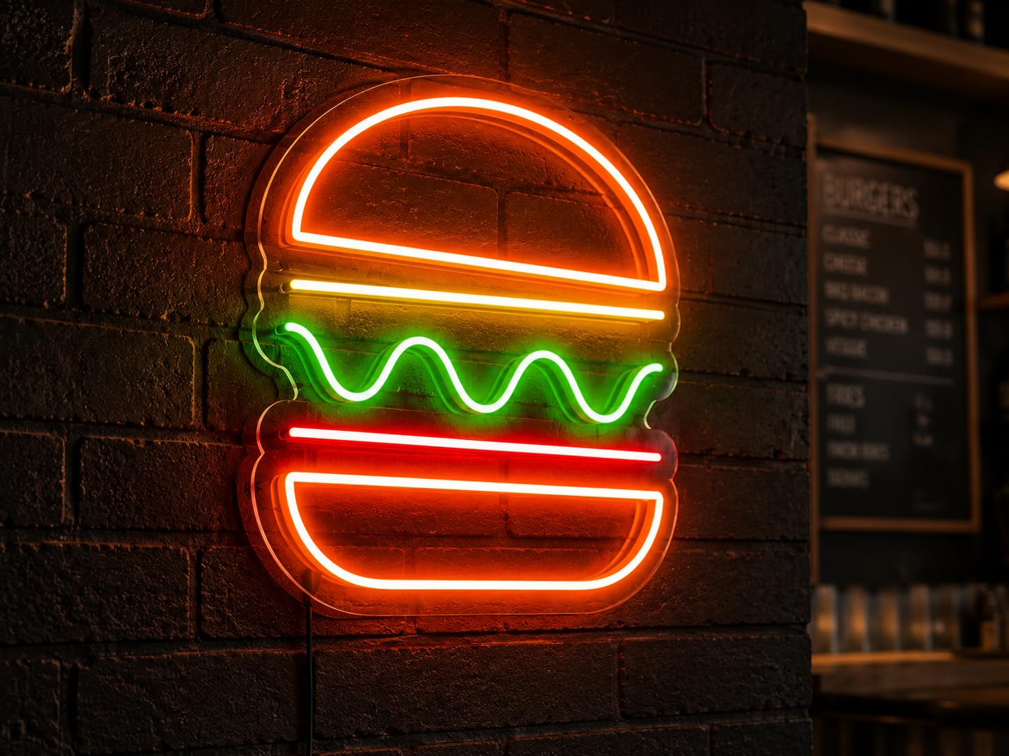 Carteles Luz de Neon Señales Iluminación Ambiente Interior Bebidas Cerveza Vaso de Café Taza de Té para Decoración Bar Restaurante Club Nocturno Ambiente (Personalizable Hamburguesa Simple, 55 CM)