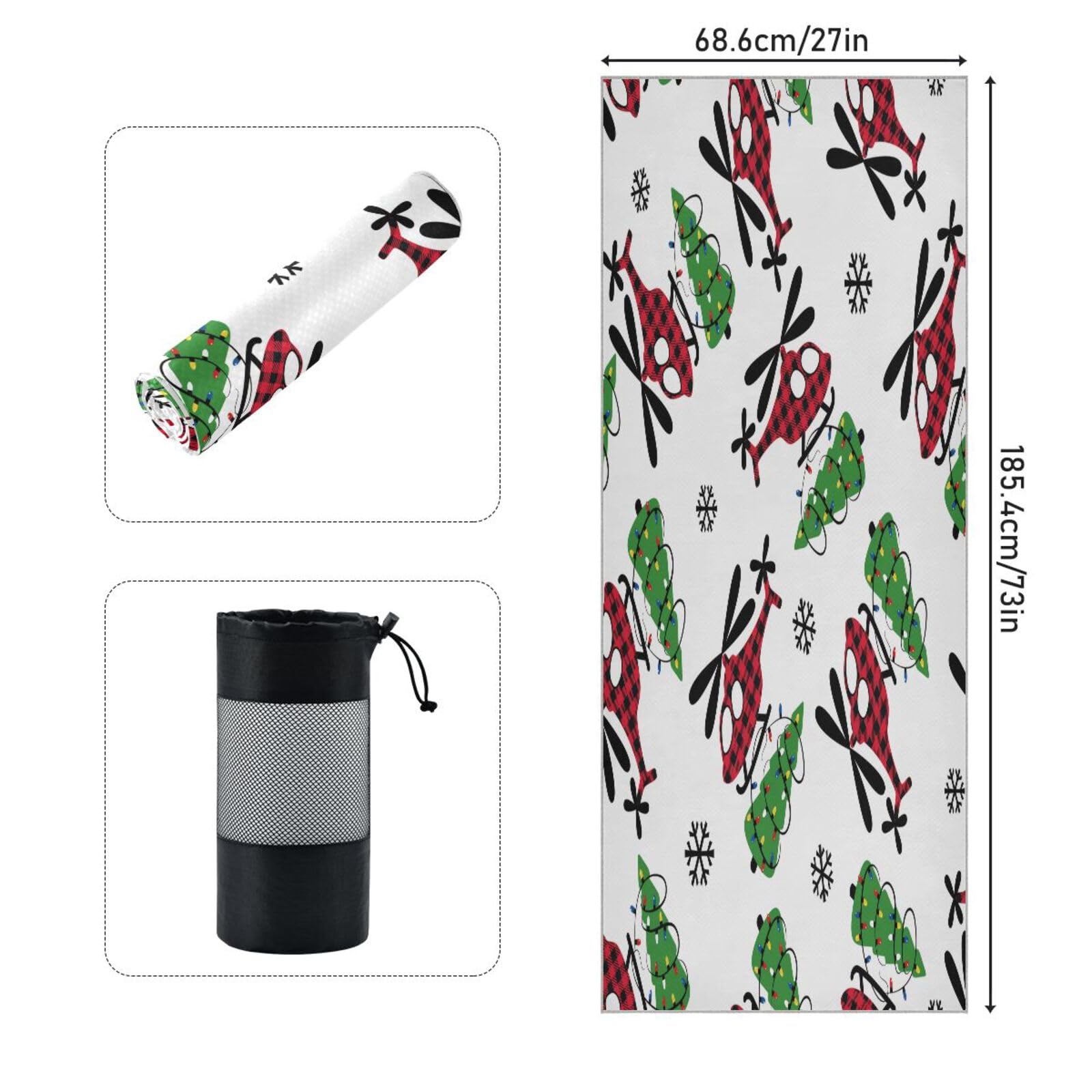 pnyoin Buffalo Plaid Christmas Helicopter Yoga Towel,Hot Yoga Mat Towel with Grip Dots Sweat Absorbent Non-Slip for Hot Yoga, 24