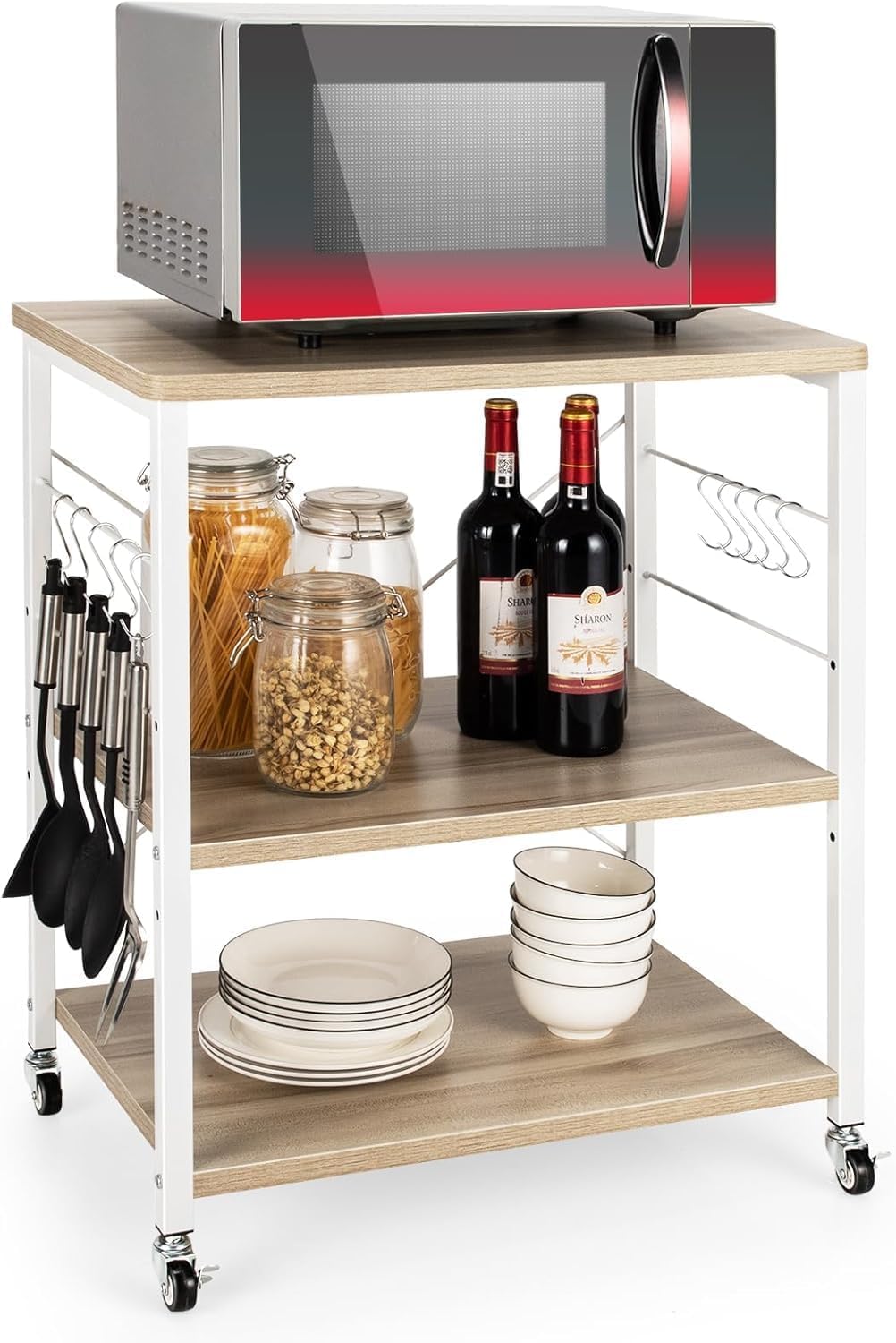 GIANTEX Carro de Cocina con Estantes Ajustables, Carrito de Almacenamiento de 3 Niveles, 60 x 40 x 73 cm, 10 Ganchos Extraíbles, Carrito Auxiliar de Microondas para Cocina, Comedor (Beige+Blanco)