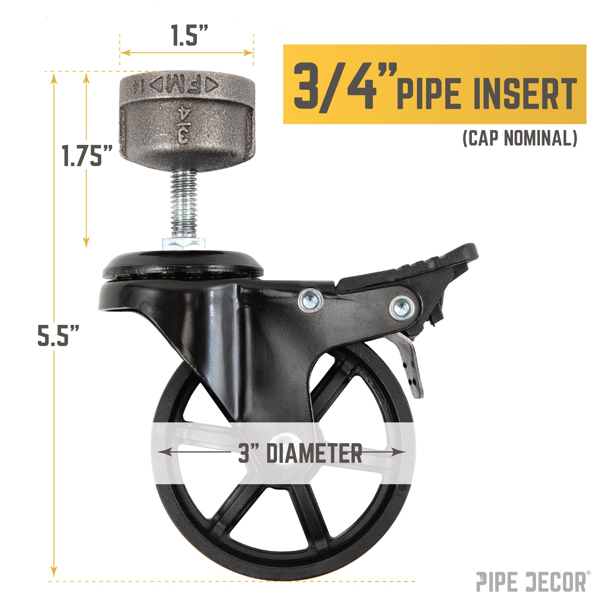 Pipe Casters - 4 Pack for ¾” Pipe -2 Pipe Casters - 4 Pack for ¾” Pipe -2