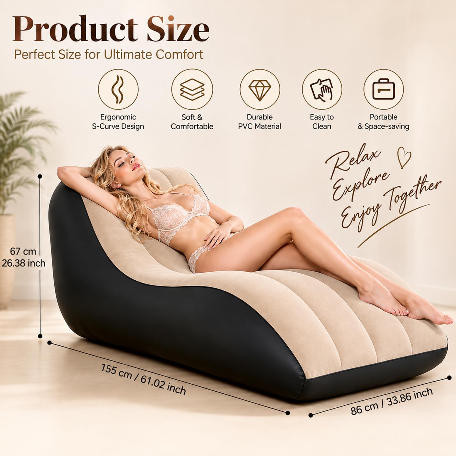 Aufblasbares Sexsofa für Paare, Sexkissen Sexspielzeug für Erwachsene, Ergonomisches S-förmiges Sexkissen als G-Punkt Positionshilfe, Sexspielzeug für Paare, Beflockter PVC Relaxsessel