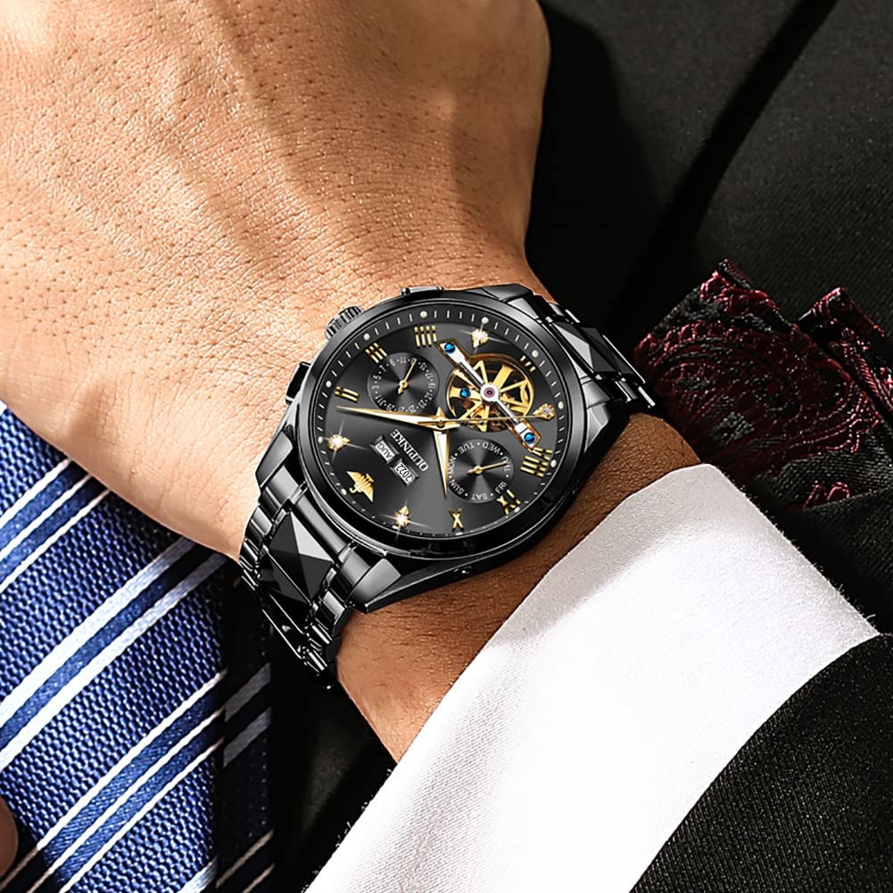 OUPINKE Herrenuhr Automatik Mechanische Armbanduhr mit Mondphase Wasserdicht Luminous Tag Datum Zweifarbige Edelstahlarmband