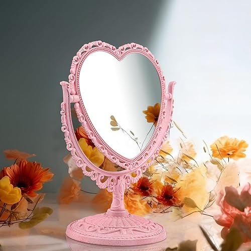 Miniatura 5 de Espejo de tocador de corazón rosa, giratorio de 360 grados de doble cara, espejo cosmético de maquillaje para mesa, escritorio, encimera, aparador,
