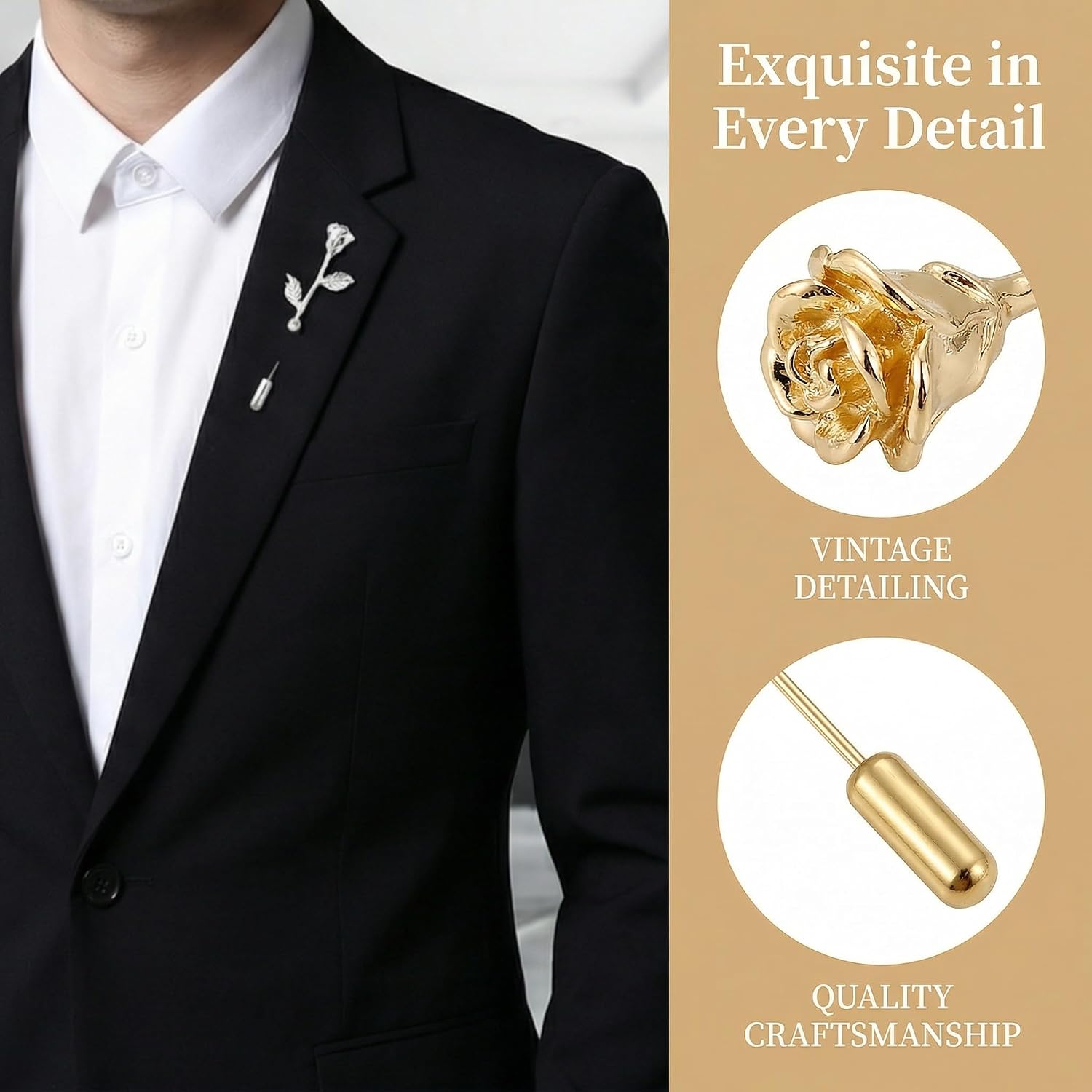 2Pcs Rose Lapel Pin for Men Women Flower Brooch Pins Suit Accessories Mens Brooches for Lapels and Tuxedo Suits Fashion Stick Corsage for Weddings Parties Formal Events Gold and Silver