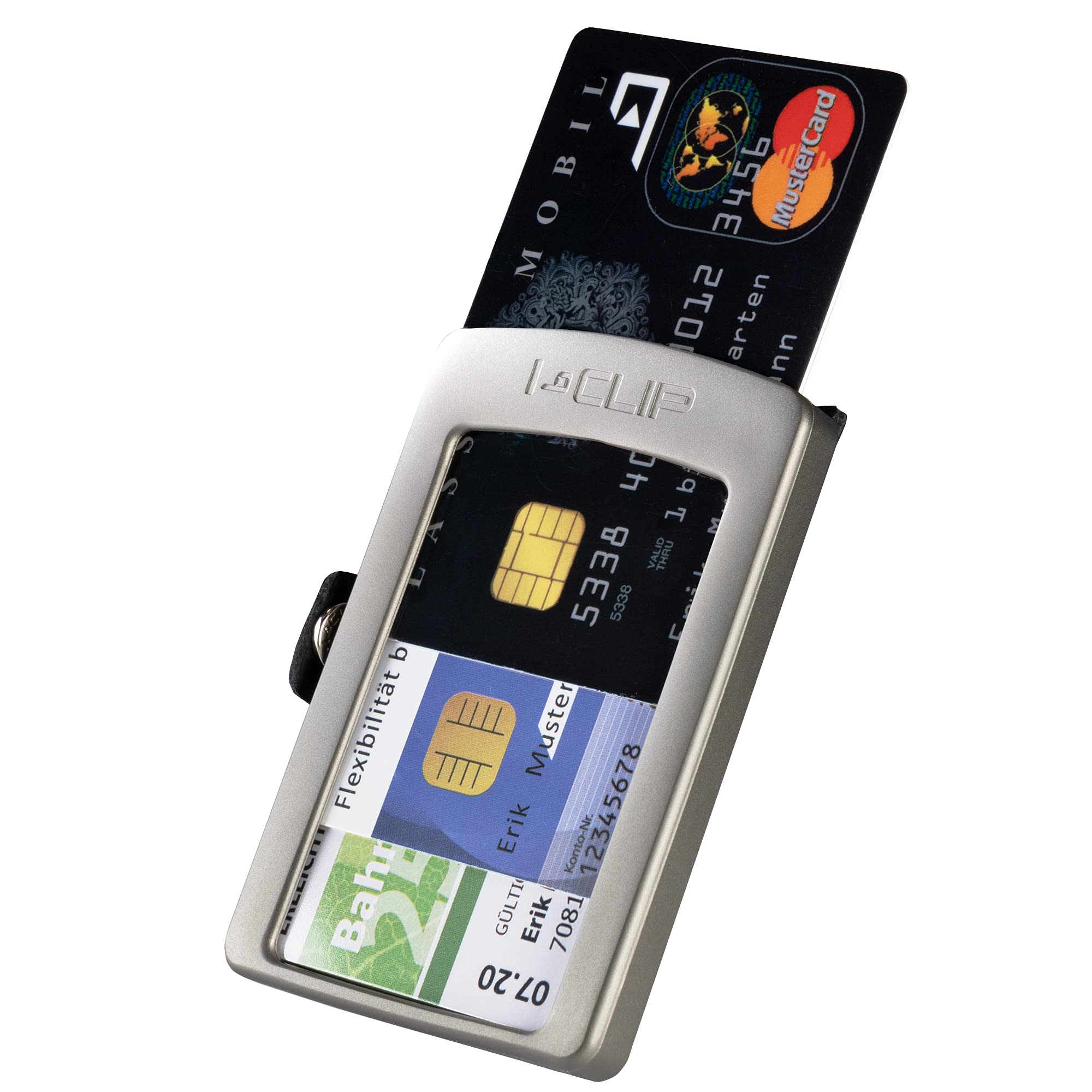 I-CLIP Titan Premium Herren Geldbörse - Slim Wallet mit Geldklammer - Edles Mini-Portemonnaie für 10 Karten - Ultraleicht - Schwarzes Echtleder - Satinierter Rahmen