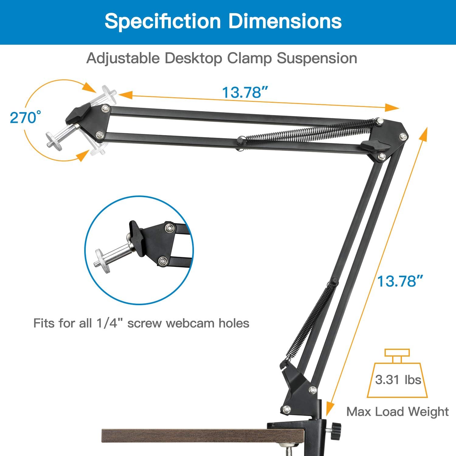 Webcam Stand - 14 Inch Suspension Scissor Durable Bracket with Aluminum Desk Clamp Mount - Built-in 1/4" Screw for Logitech Webcam C930e,C930,C920, C922x,C922, Brio 4K, C925e,C615 by Pipishell-PIWS03