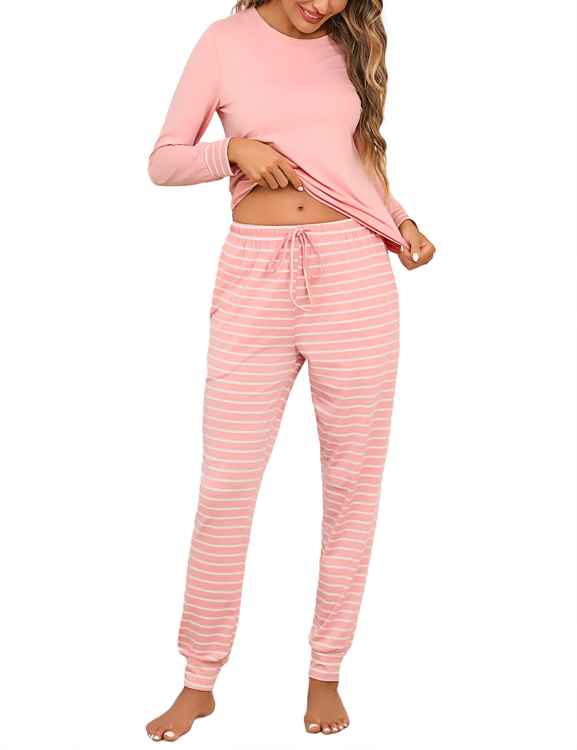 Litherday Schlafanzug Damen Lang Baumwolle Winter Pyjamas Set Langarm Loungewear Zweiteiliger Rundhals Sleepwear mit Schlafanzüge Frau Nachtwäsche