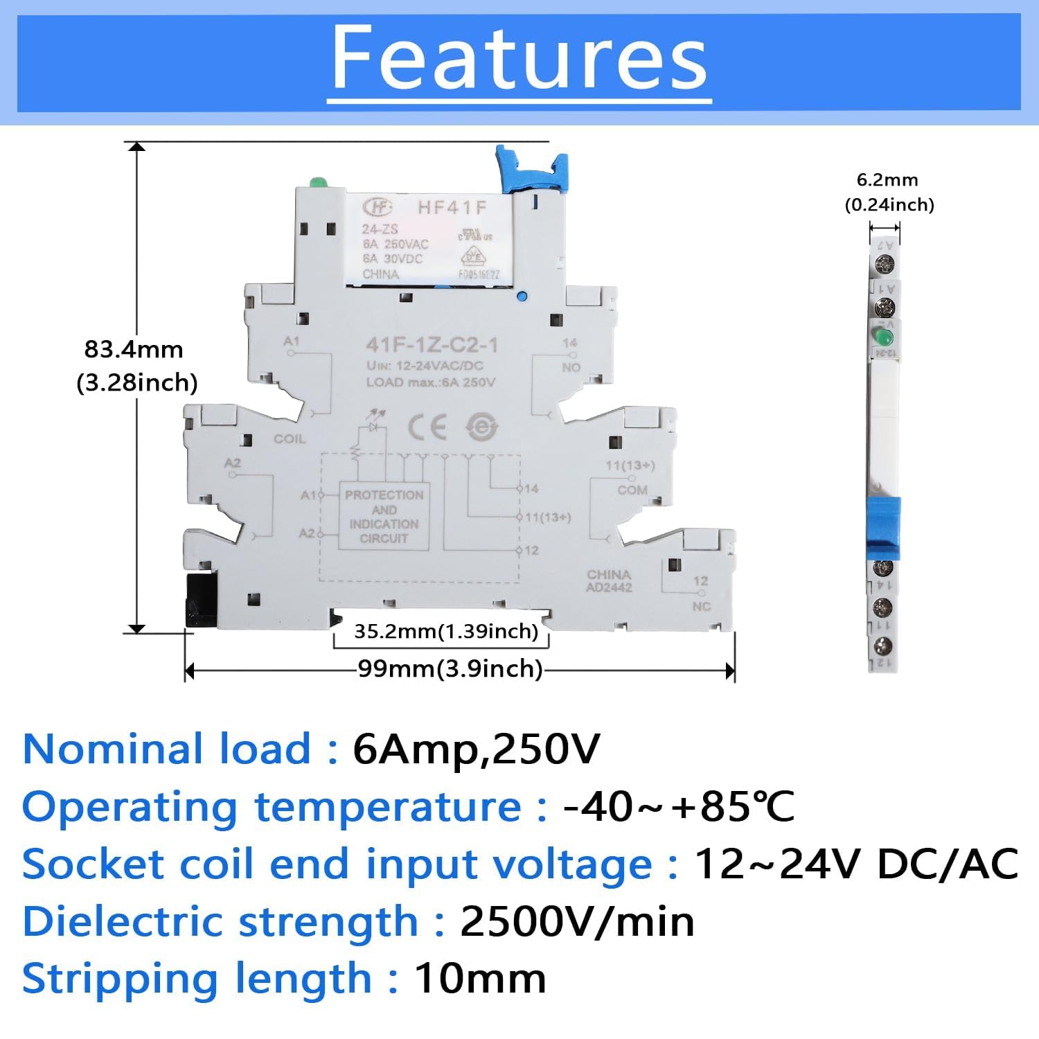 Relé electromagnético de potencia de 24 V, 10 unidades, HF41F/24-ZS 6A | Conector de 5 pines 1NO 1NC SPDT para montaje en carril para control de automatización PLC, mecatrónica, comunicación remota