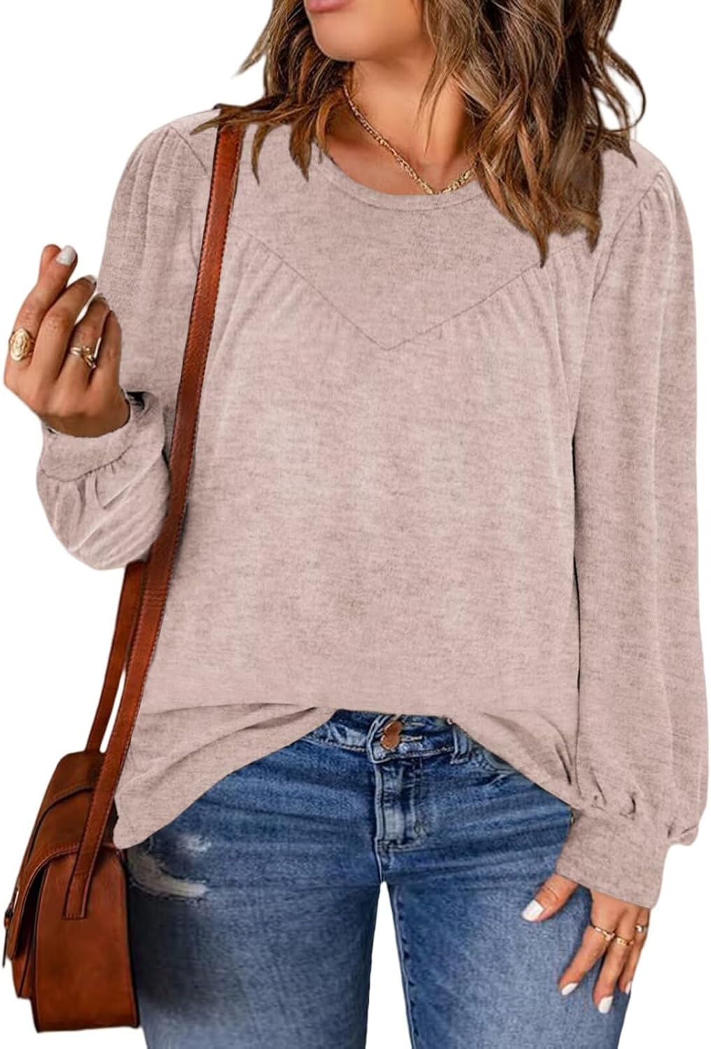 DOLNINE Womens-Plus-Size-Tops Trendy Puff Long Sleeve Shirts Cute Crewneck Pleated Blouses Lightweight Loose Fit Sweatshirts