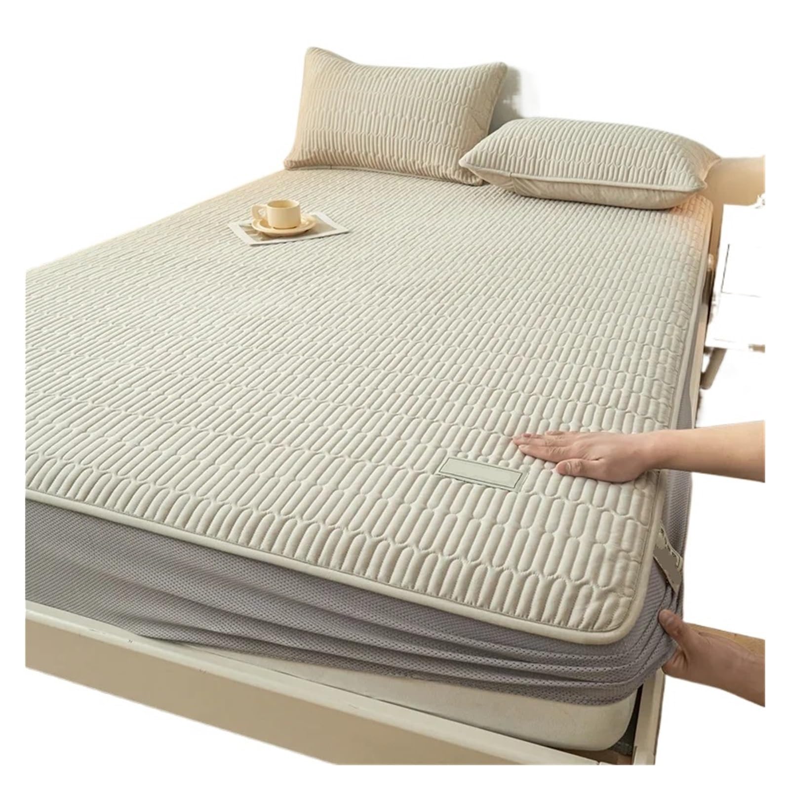 Zestaw pościeli do łóżka podwójnego, Prześcieradło Oddychające prześcieradła w kratę Wodoodporny ochraniacz na materac łóżko(Grey1,Only 2pcs pillowcase)