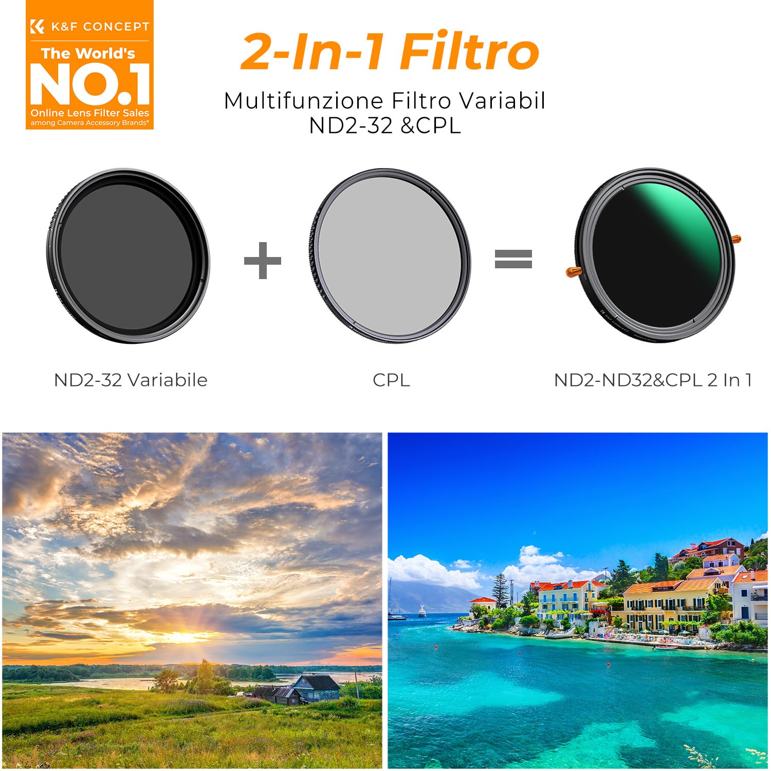 K&F CONCEPT 49mm Filtro Variabile ND2-32 & Polarizzatore 2 In 1, Filtro Densità Neutra ND2-32 & CPL in Vetro Ottico 24 Strati Nano Rivestimento (Nano-D Serie)