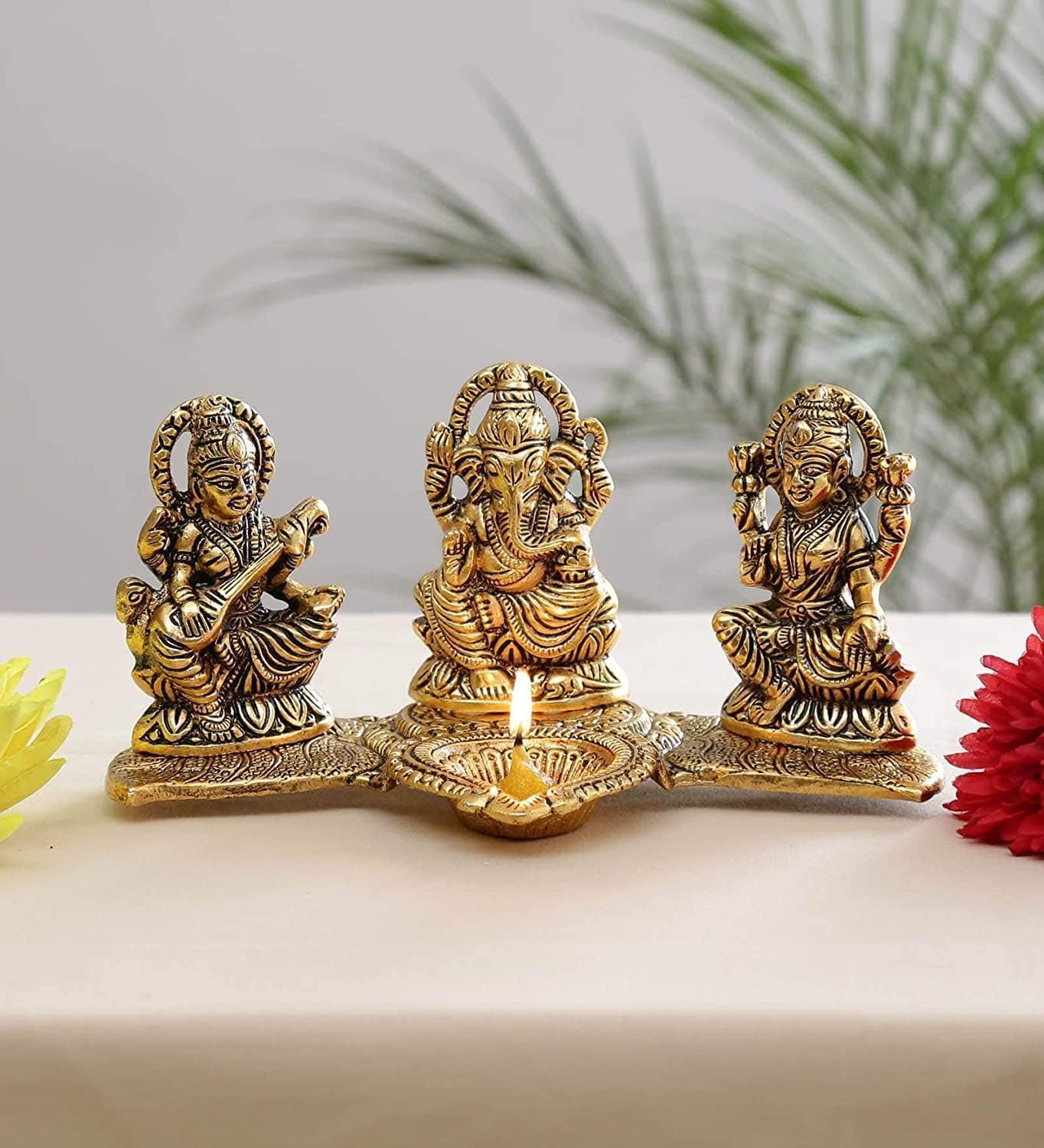 Smizzy Metal Gold Plated | Antique Ganesh laxmi Saraswati God Idol Sculpture Statue Figurine Decorative Showpiece for Diwali Home Decoration Temple and Gift