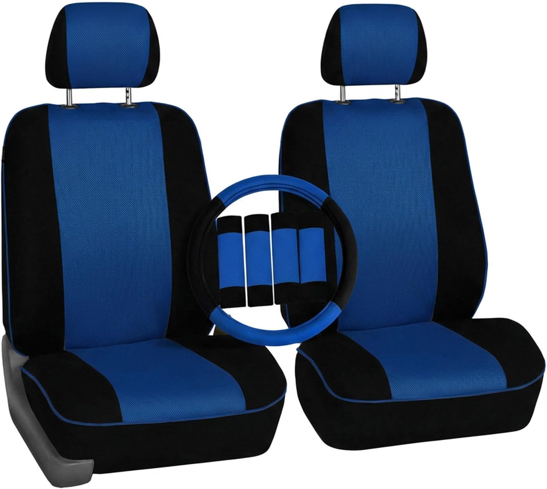 FH Group Car Seat Cover Edgy Piping Cloth Front Seats Only Automotive Seat Covers Blue, Airbag Compatible Universal Fit Interior Accessories Car Truck SUV Combo Steering Wheel Cover & Seat Belt Pad