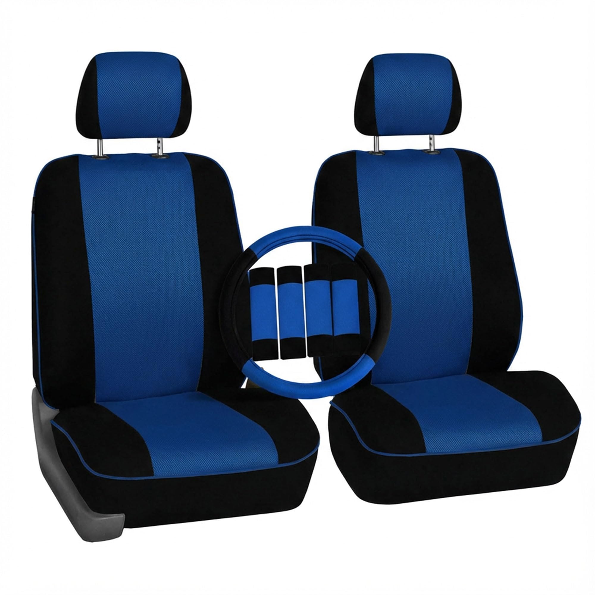 FH Group Car Seat Cover Edgy Piping Cloth Front Seats Only Automotive Seat Covers Blue, Airbag Compatible Universal Fit Interior Accessories Car Truck SUV Combo Steering Wheel Cover & Seat Belt Pad