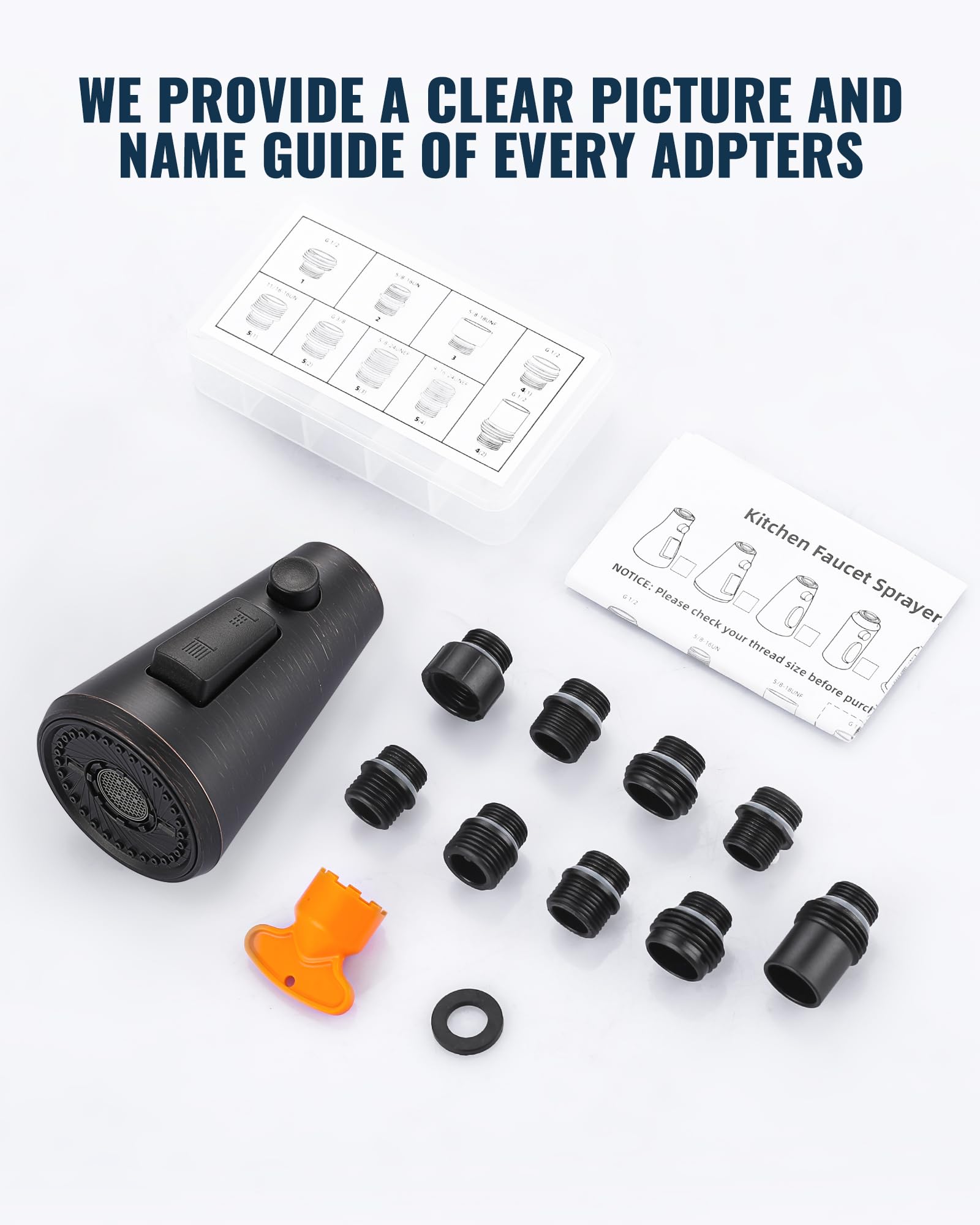 Cabezal de pulverización extraíble de repuesto para grifo de cocina con 9 adaptadores, boquilla de pulverización extraíble de 3 funciones compatible con Moen, grifos estándar americanos, bronce