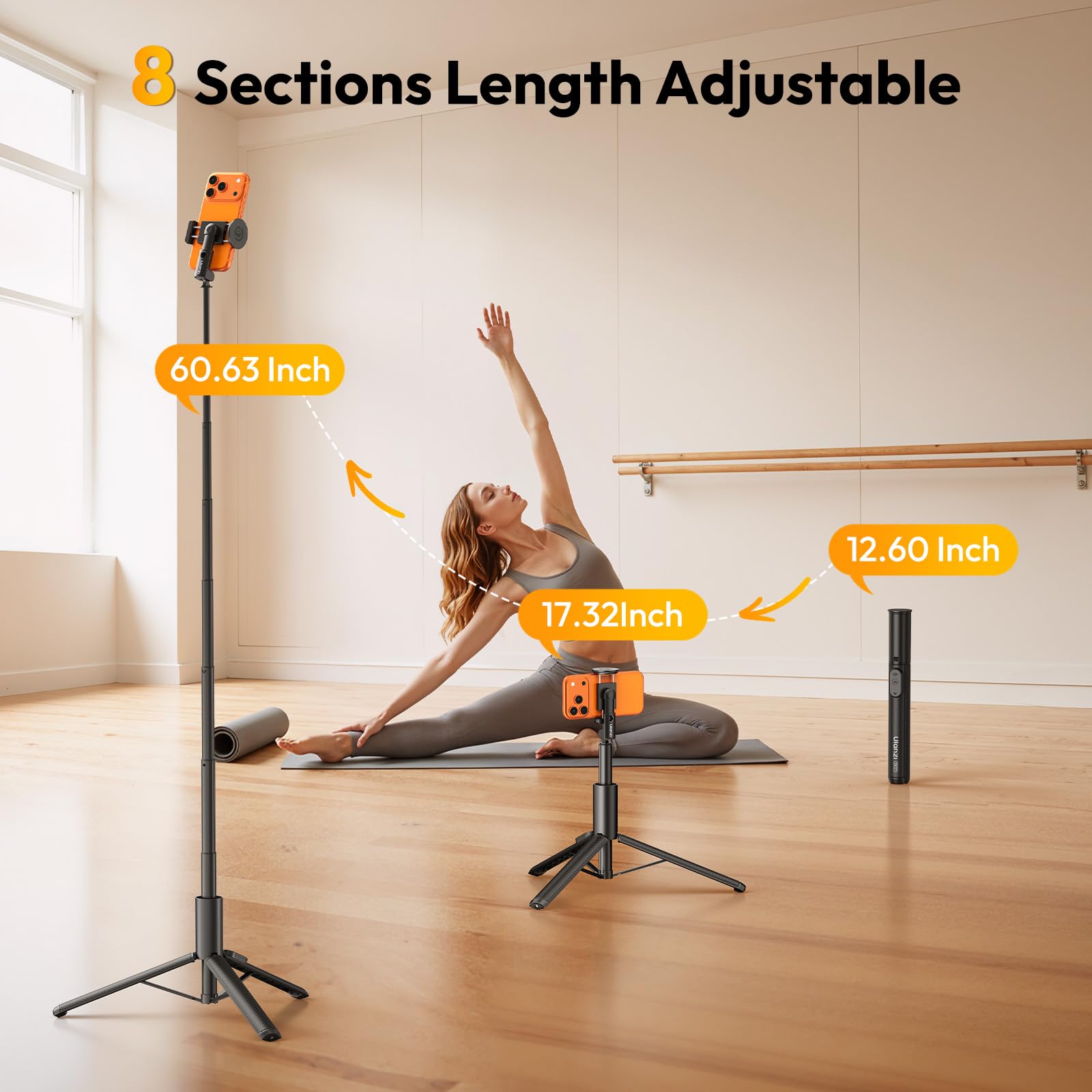 ULANZI SK27 Trepiede per cellulari 154 cm con Clip Smartphone 56-92 mm, Telecomando 10 m, Testa a sfera360°, 8 Sezioni Alluminio, Asta per selfie per iPhone/Samsung/Huawei, Vlog, Live Streaming