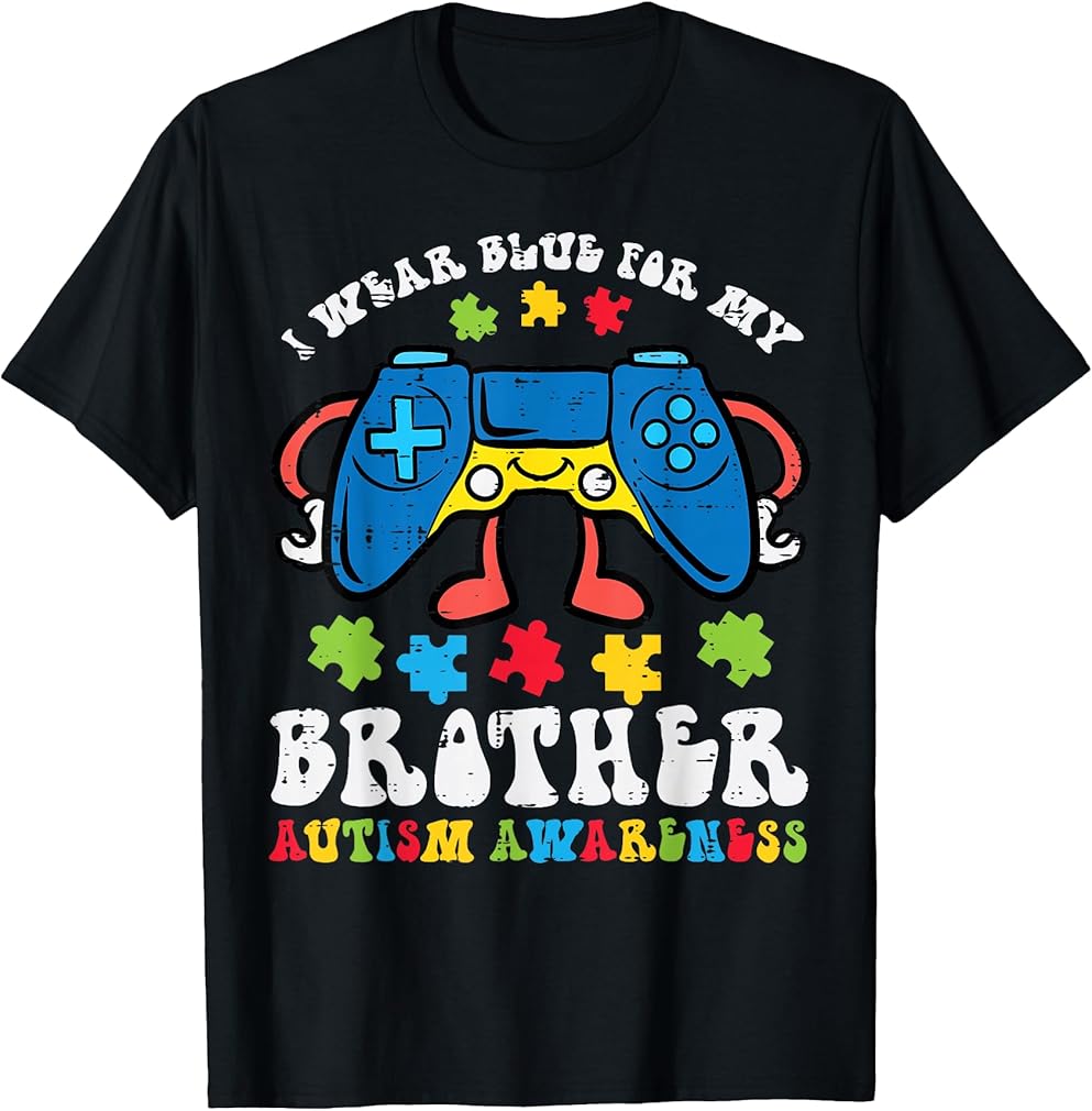 I Wear Blue For My Brother Autism Awareness Gamer Boys Kids T-Shirt