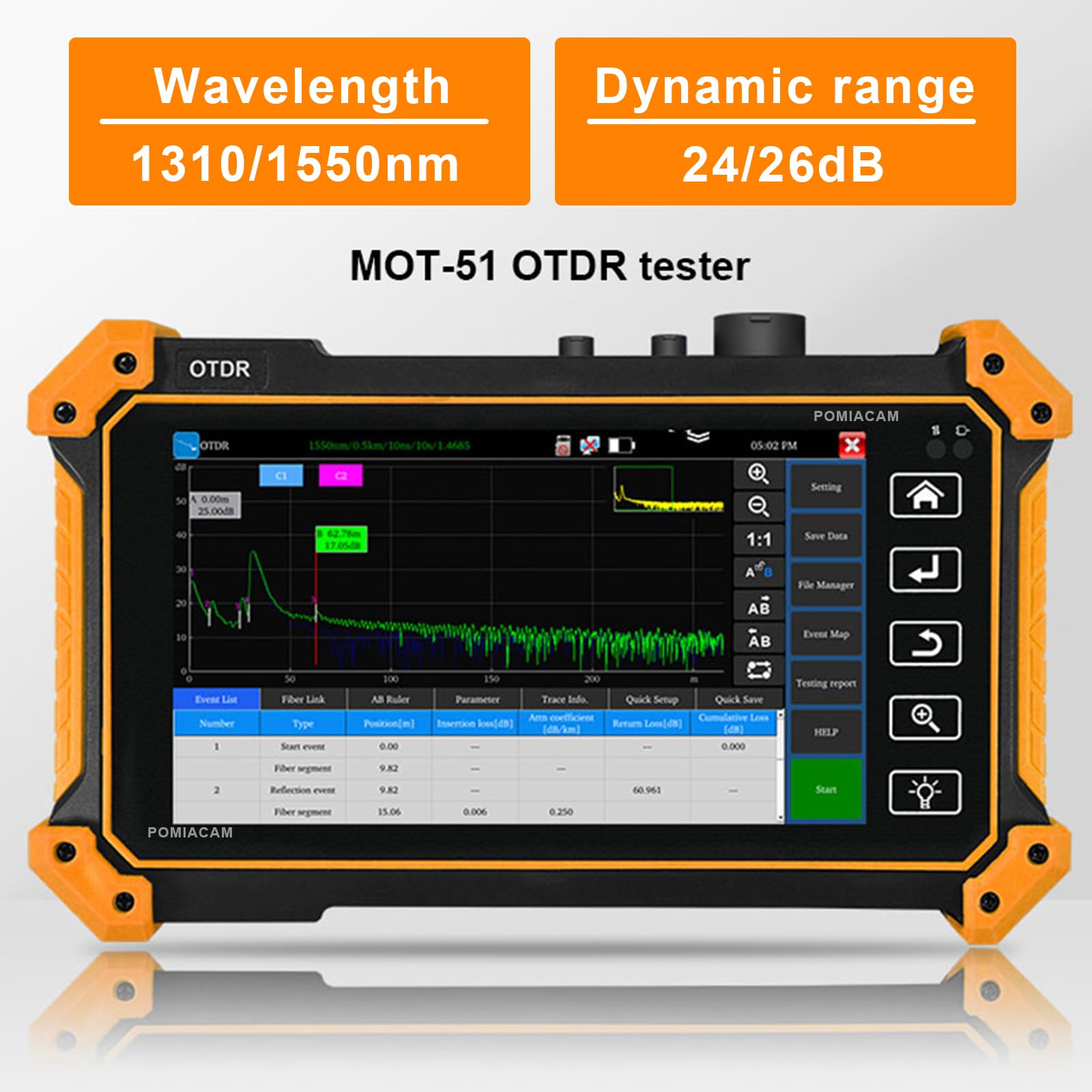OTDR Tester a fibra ottica MOT-51C 1310/1550nm 26/24dB 5.5 "OLED Touch Screen incorporato VFL OPM LS (sorgente luminosa) OLT (test di perdita ottica) Mappa evento
