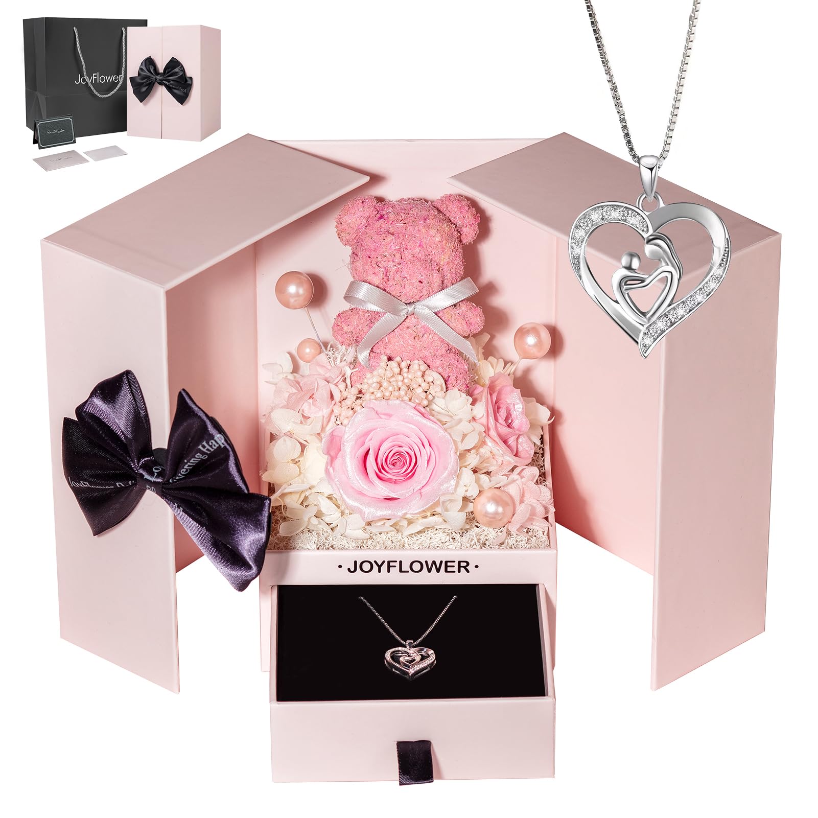 JoyFlower Preserved Flowers with Necklace Gifts for Mom, Unique Pearl Rose Eternal Flower Bear with Necklace Gift for Grandma, Preserved Real Pink
