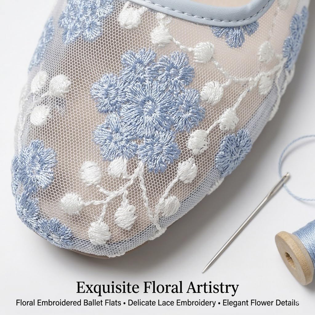 Ballerina trasparente per le donne ballerine floreali in rete ricamata Mary Jane punta rotonda traspirante confortevole cinturino con fiocco floreale ricamato ballerine scarpe