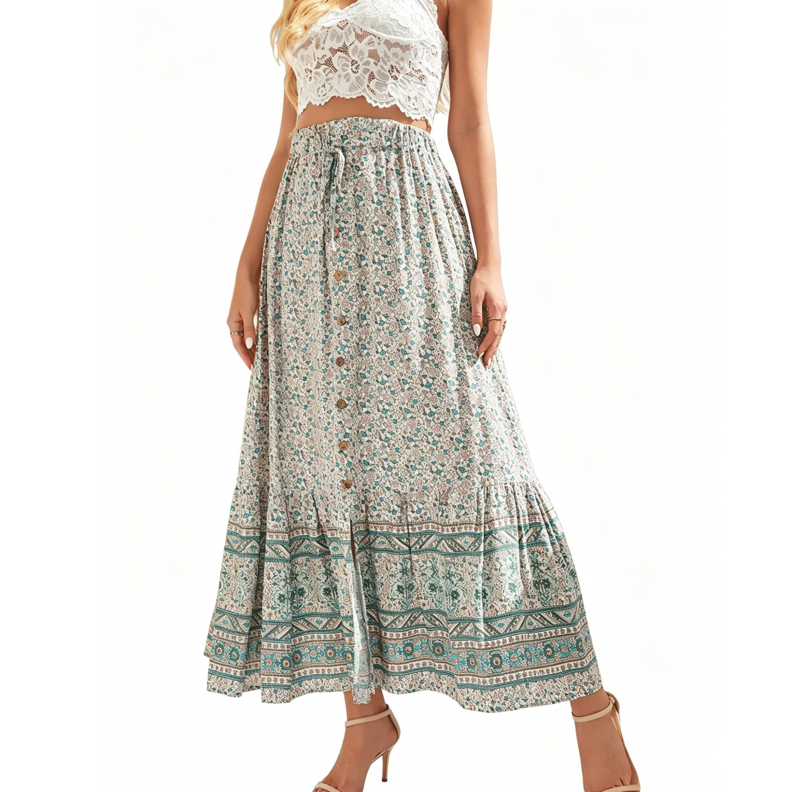 DUddTTW Printed Women's Maxi Skirts A-line Ankle Length Swing Skirt Clothing(Gr�n,M)