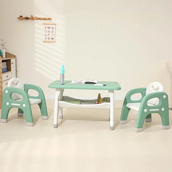 SINKIPA Kids Table and 2 Chairs Set, Toddler Activity Table Set with Storage Shelf, Toddlers Table and Chairs Set with Anti-Slip Foot Covers, Tables for Reading, Drawing, Eating, Playing