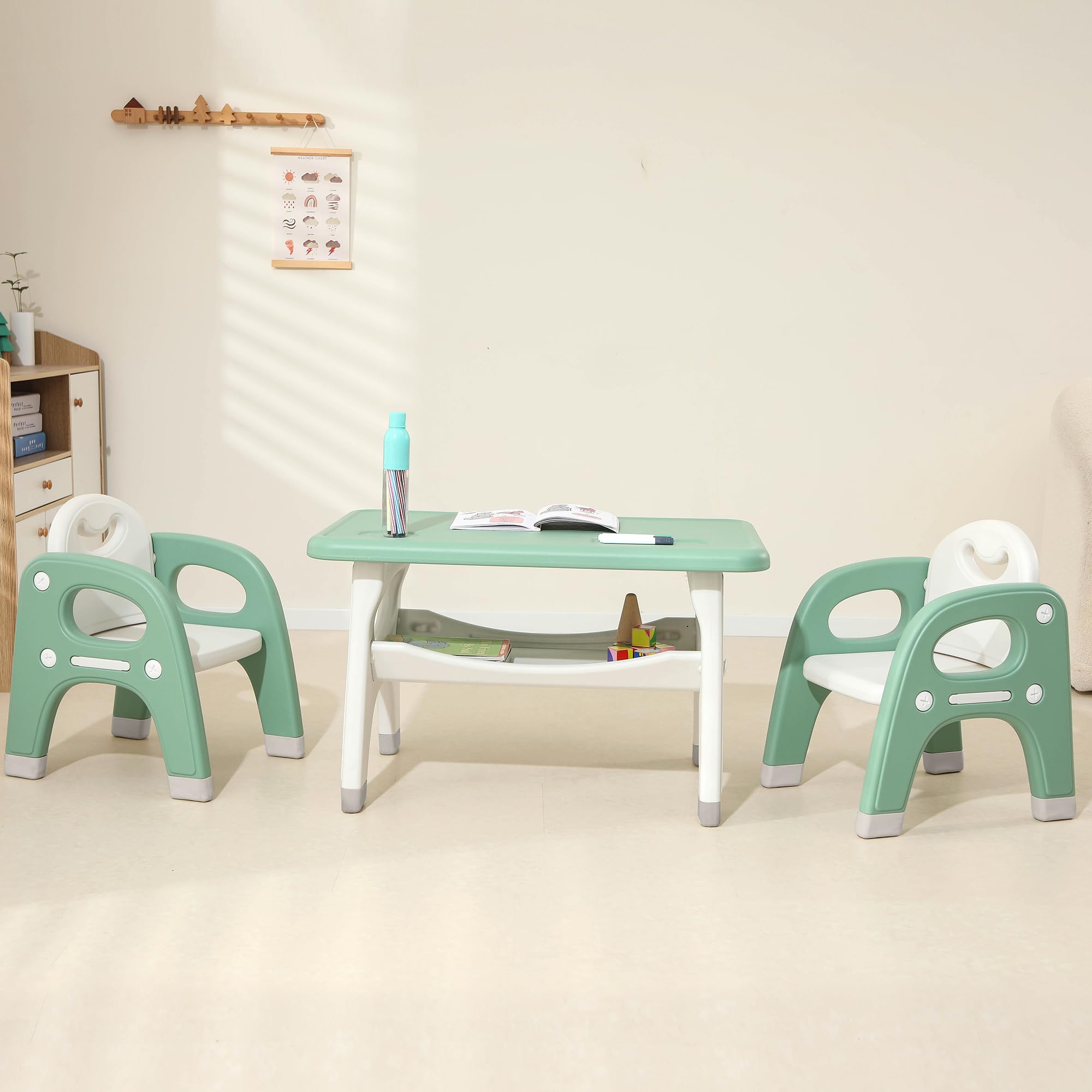 SINKIPA Kids Table and 2 Chairs Set, Toddler Activity Table Set with Storage Shelf, Toddlers Table and Chairs Set with Anti-Slip Foot Covers, Tables for Reading, Drawing, Eating, Playing