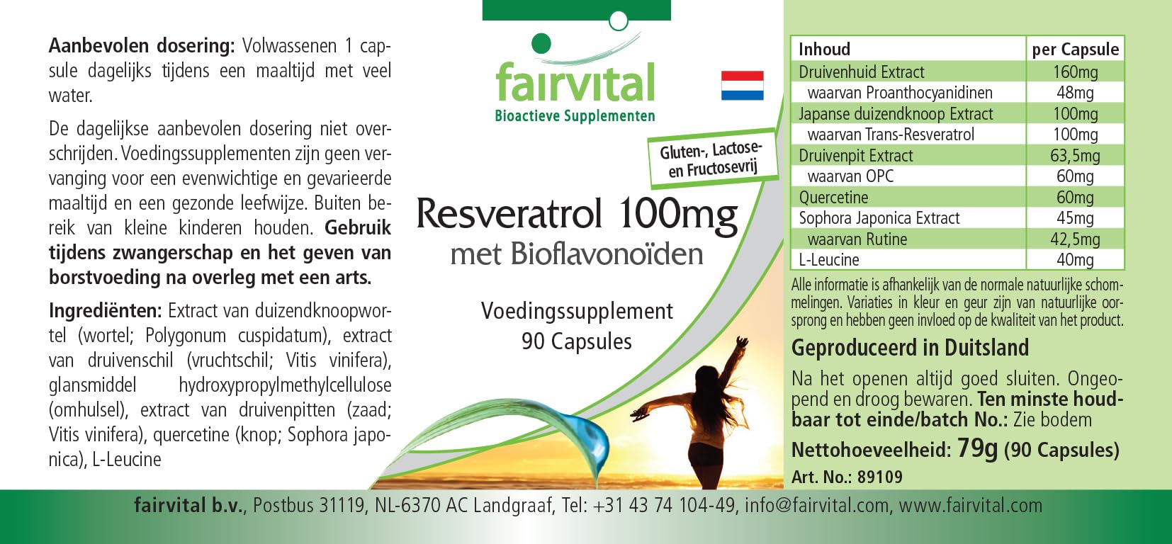 fairvital Resvératrol 100mg en gélules avec bioflavonoïdes, 90 gélules, VÉGÉTALIEN, avec rutine, OPC et quercétine