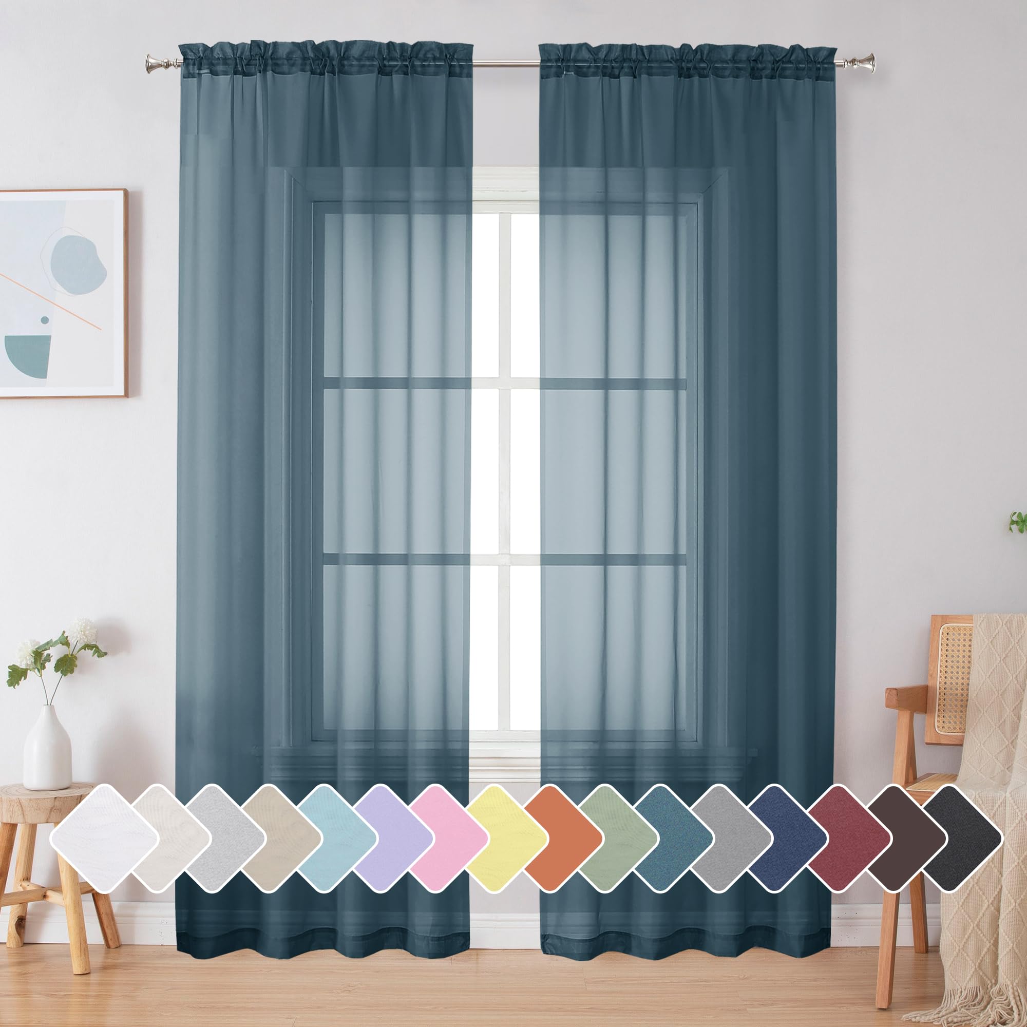 Simplebrand Dusty Blue Sheer Curtains 84 Inches Long, Light Filtering Rod Pocket Solid Color Window Sheer Curtain Panels, Elegant Curtains & Drapes for Living Room, Bedroom 2 Panels (42" W x 84" L) โ image 1