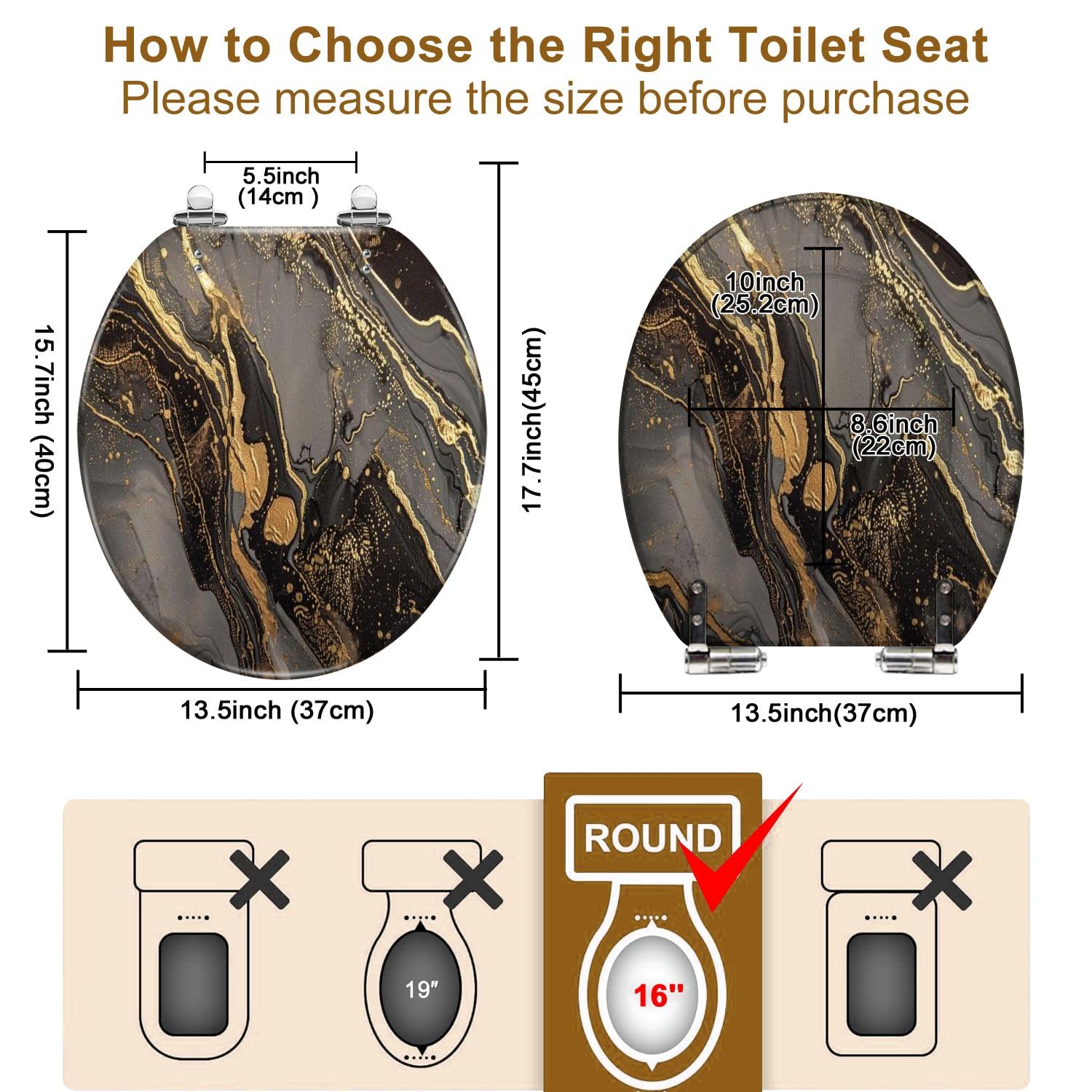 Asiento de inodoro redondo genérico de resina con tapa, bisagras de